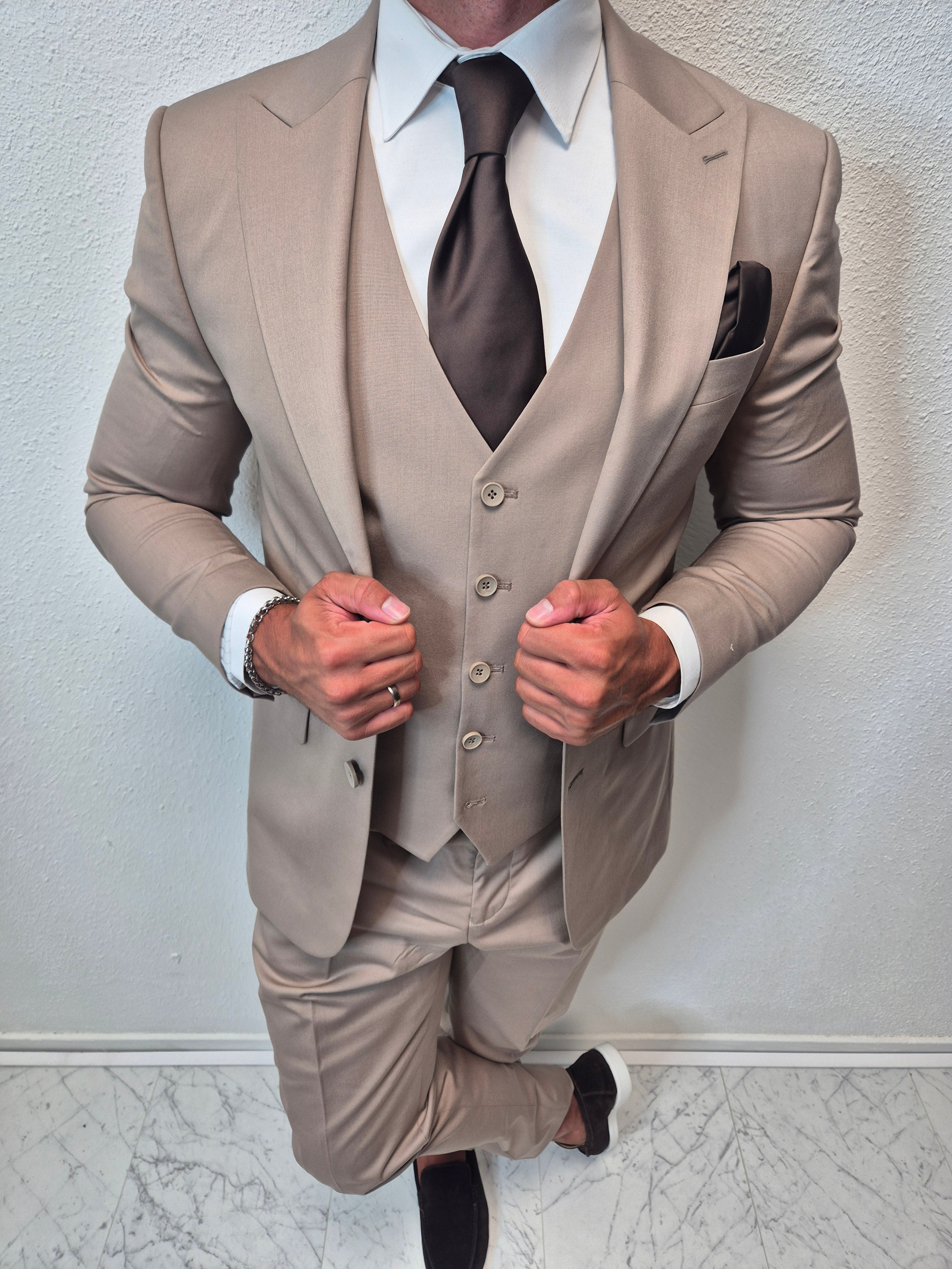 Milano Taupe Heren 3-delig Pak Klassiek