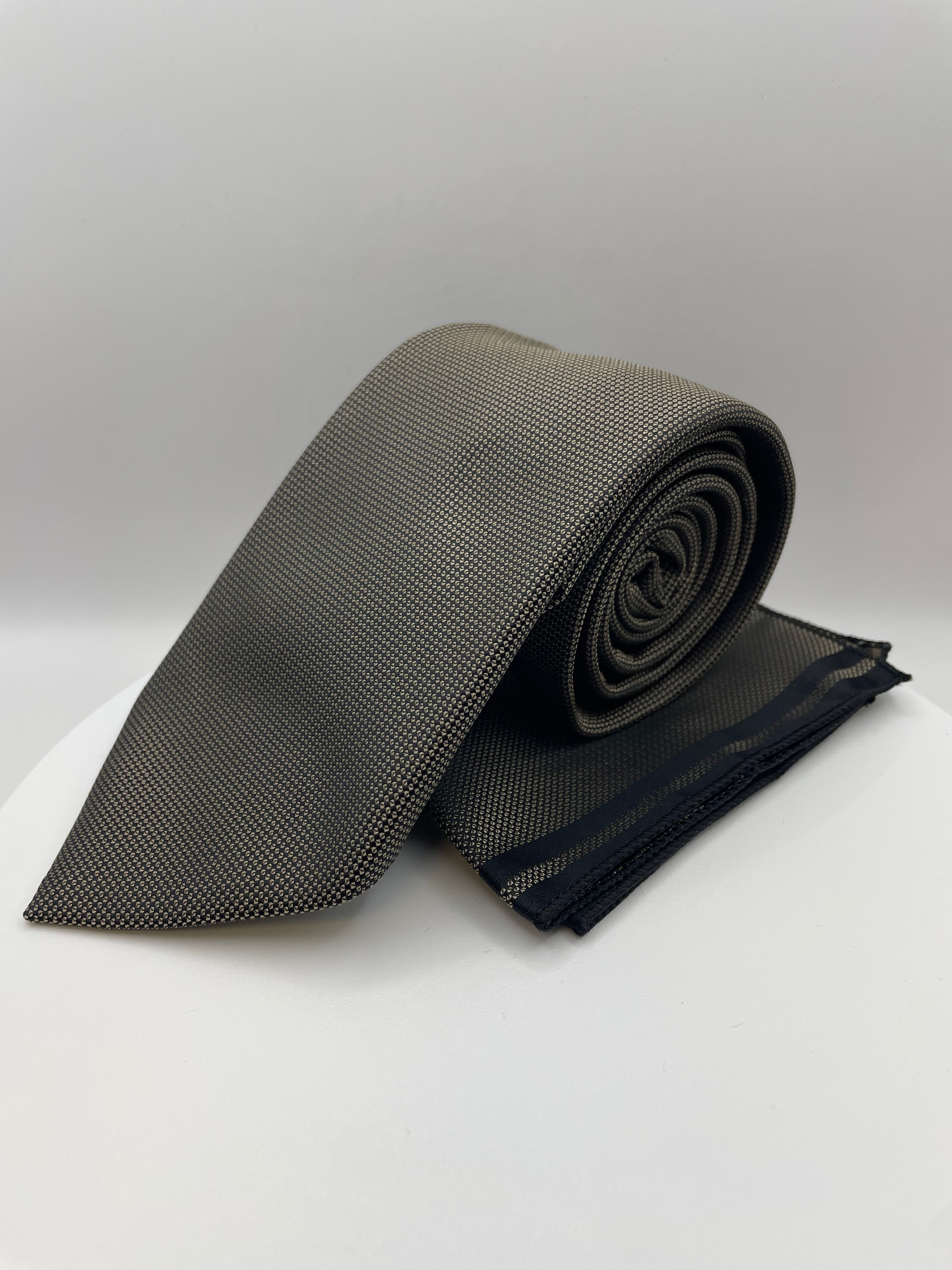 Taupe Zwart Patroon - Stropdas en Pochet - Model SP1075