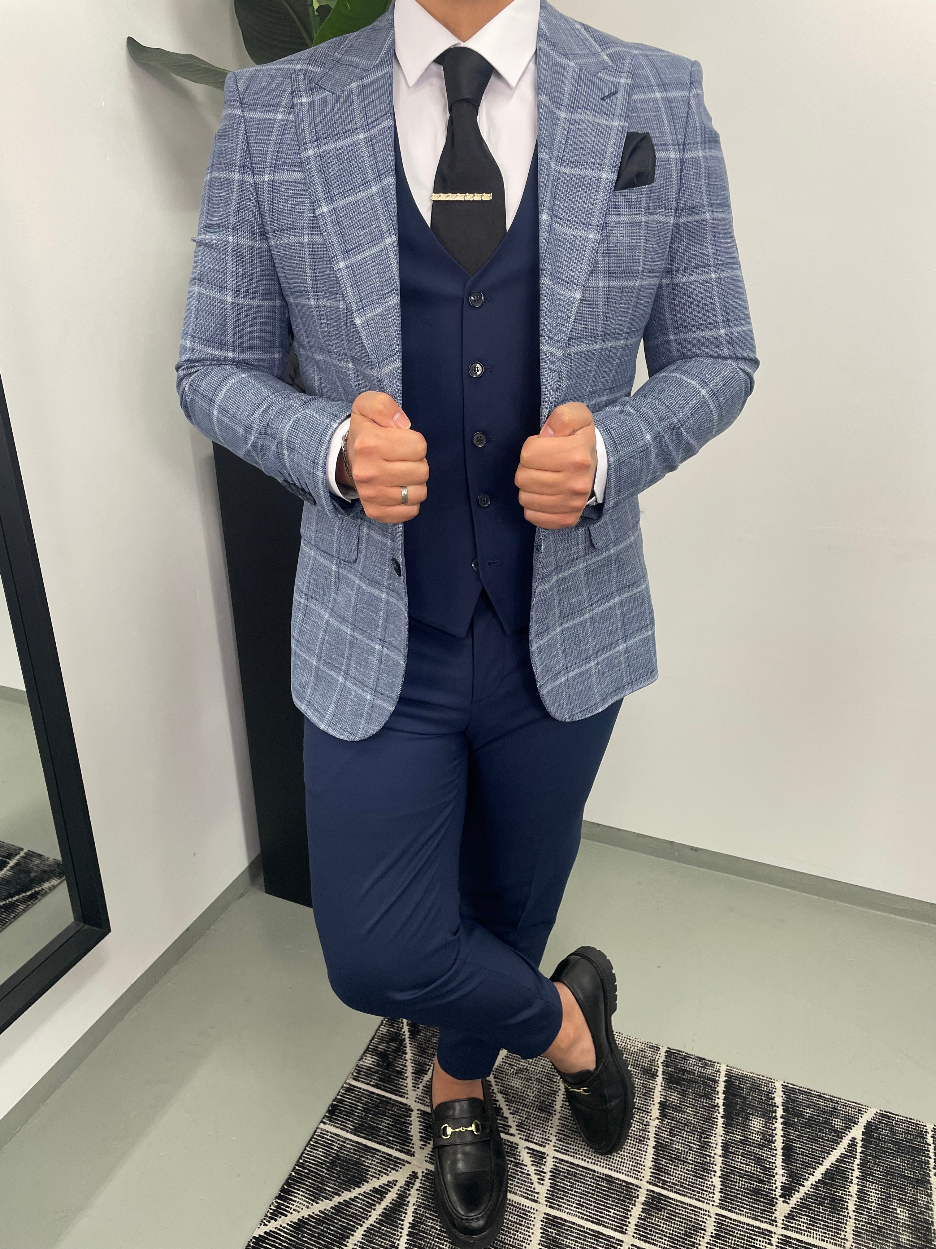 Nice Heren 3-delig Pak IJs- en Donker Blauw Geruit Combi