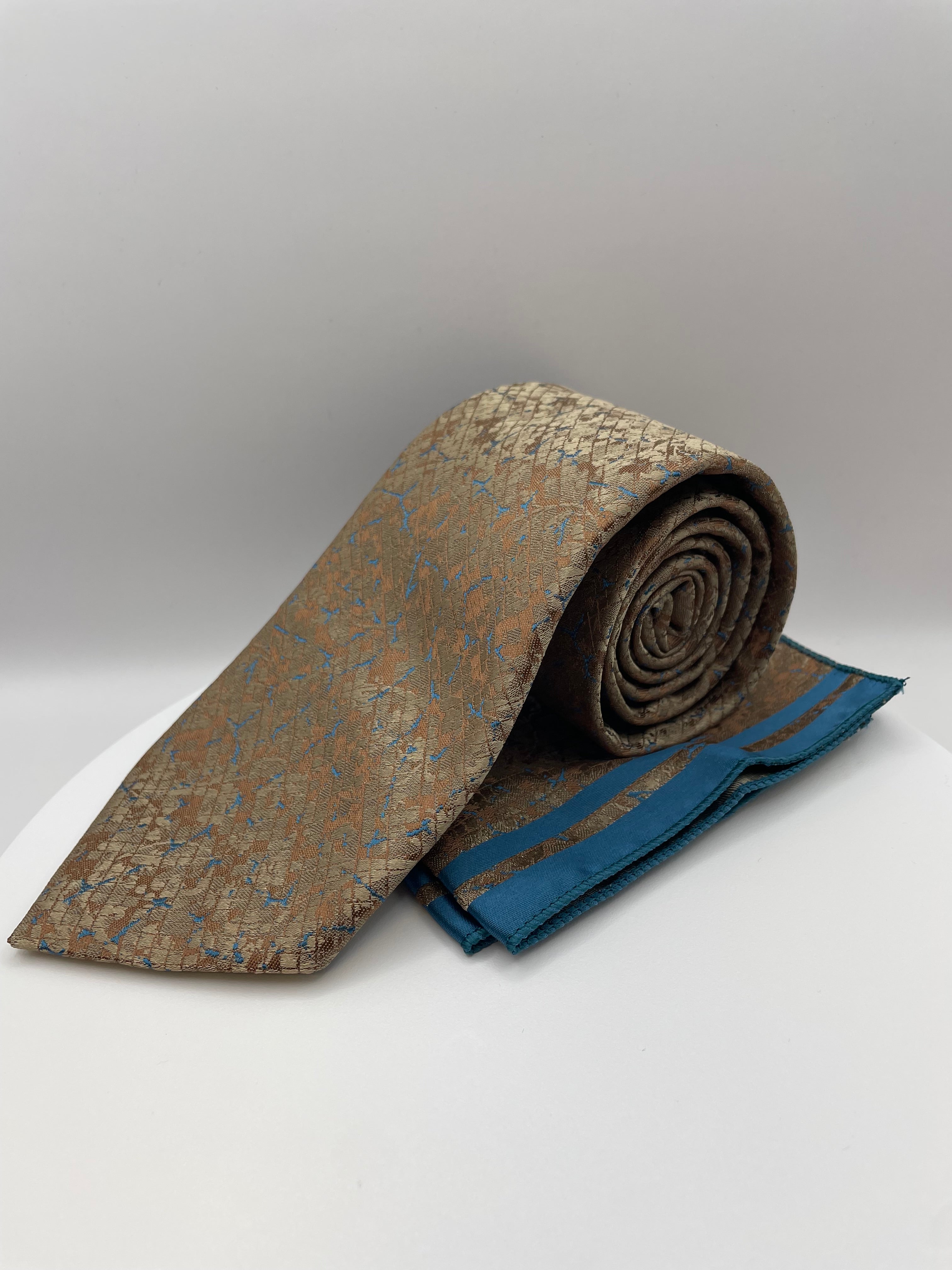 Goud Blauw Motief - Stropdas en Pochet - Model SP1076