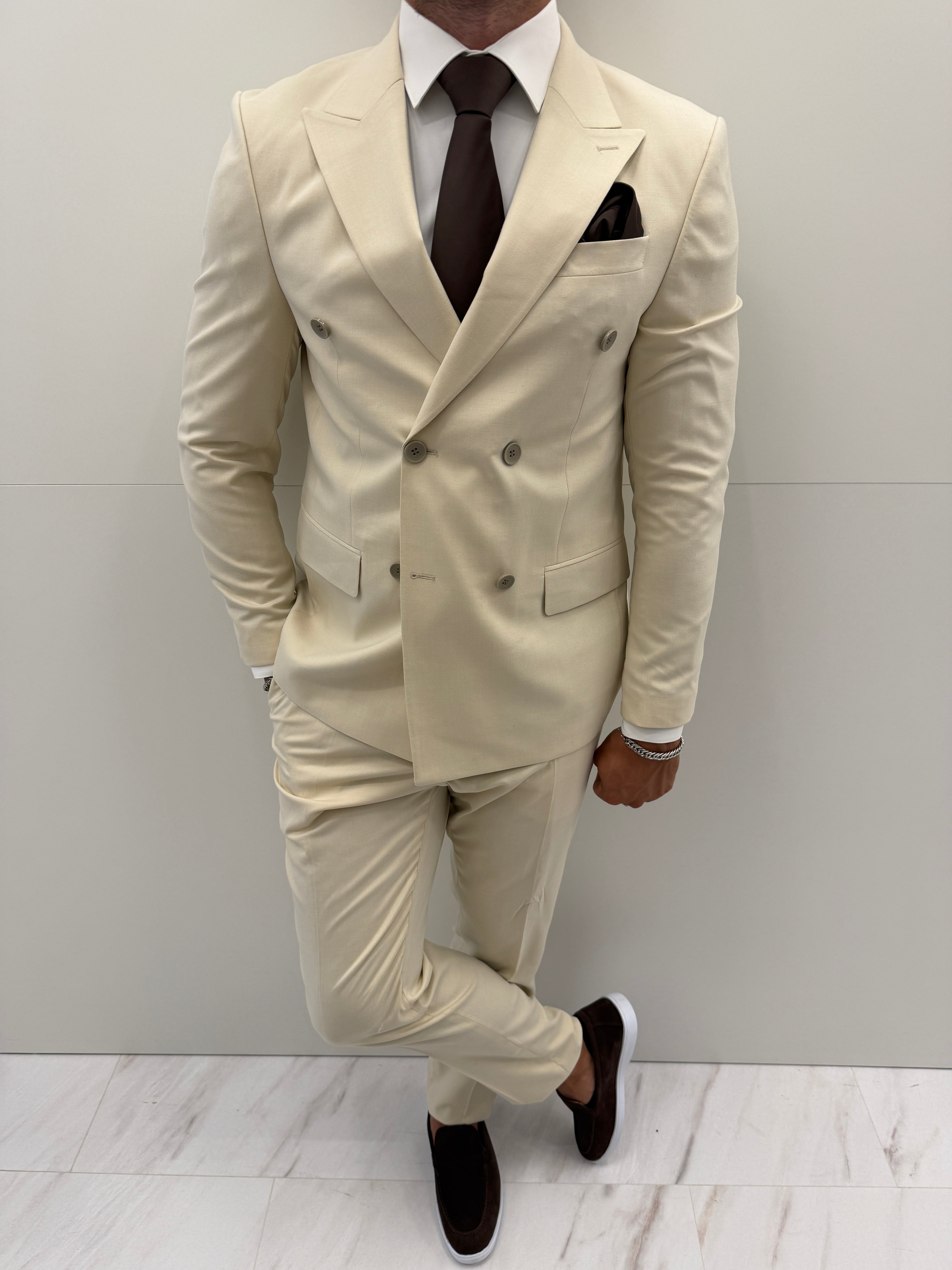 Cannes Beige Klassiek Double Breasted Heren 2-delig Pak