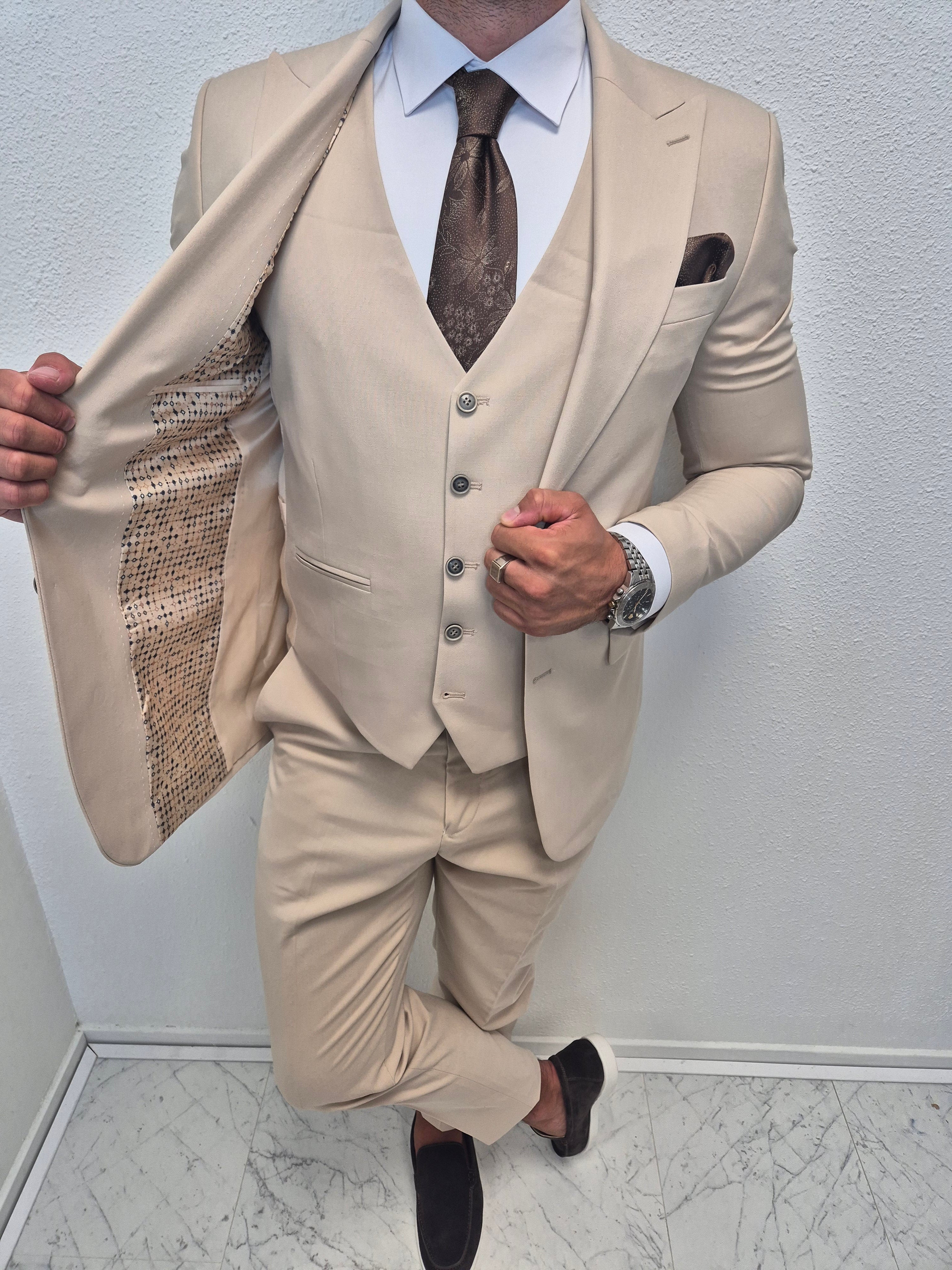 Casablanca Honing Beige Heren 3-delig Pak Klassiek