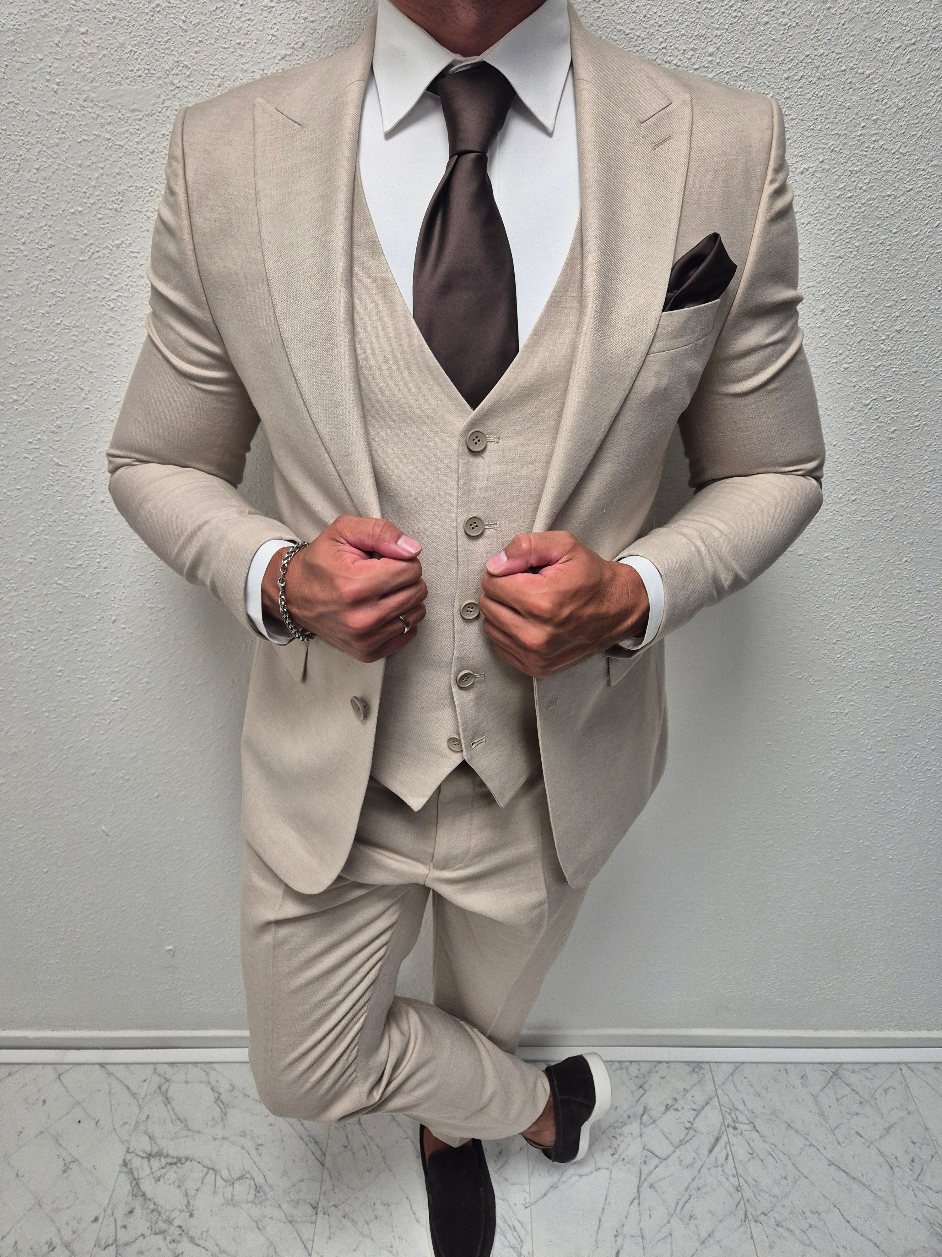 Corfu Beige Heren 3-delig Pak Patroon