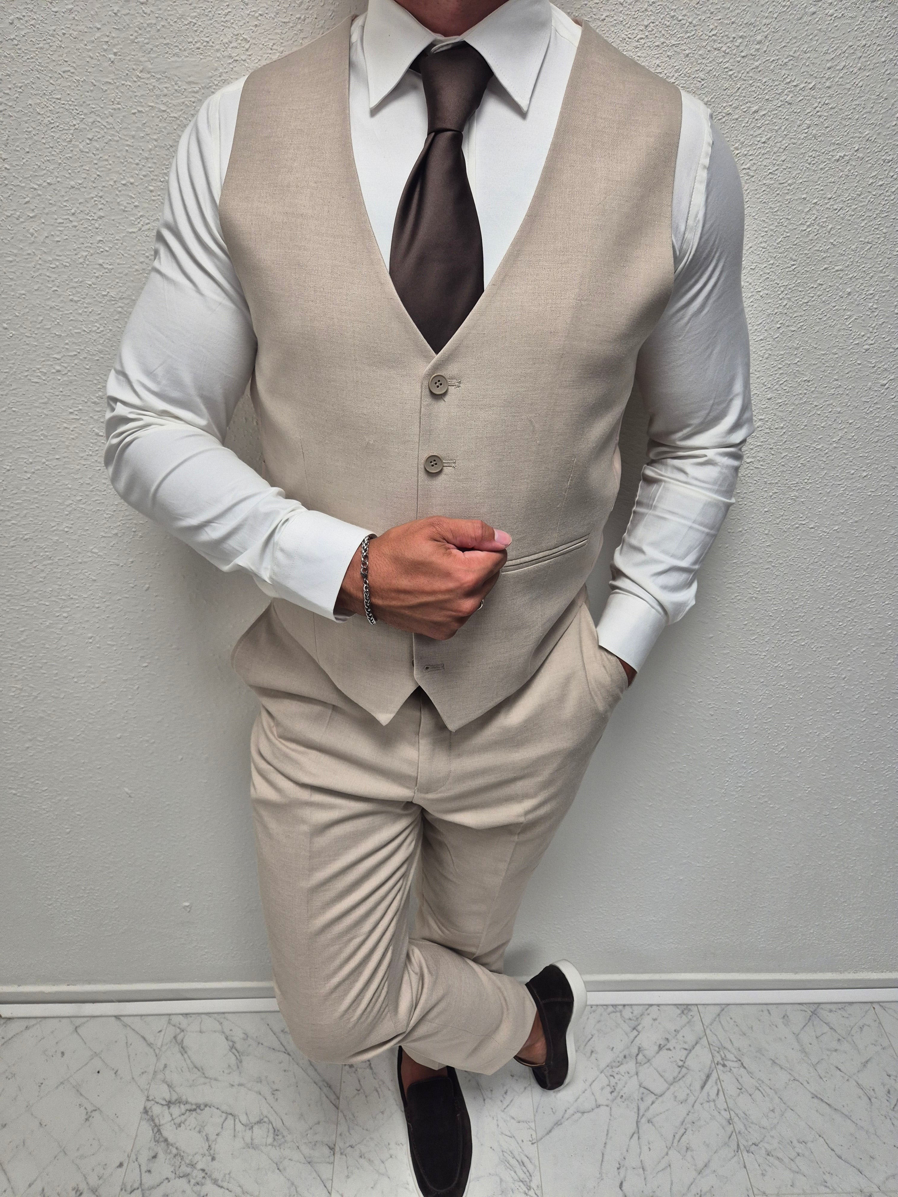 Corfu Beige Heren 3-delig Pak Patroon