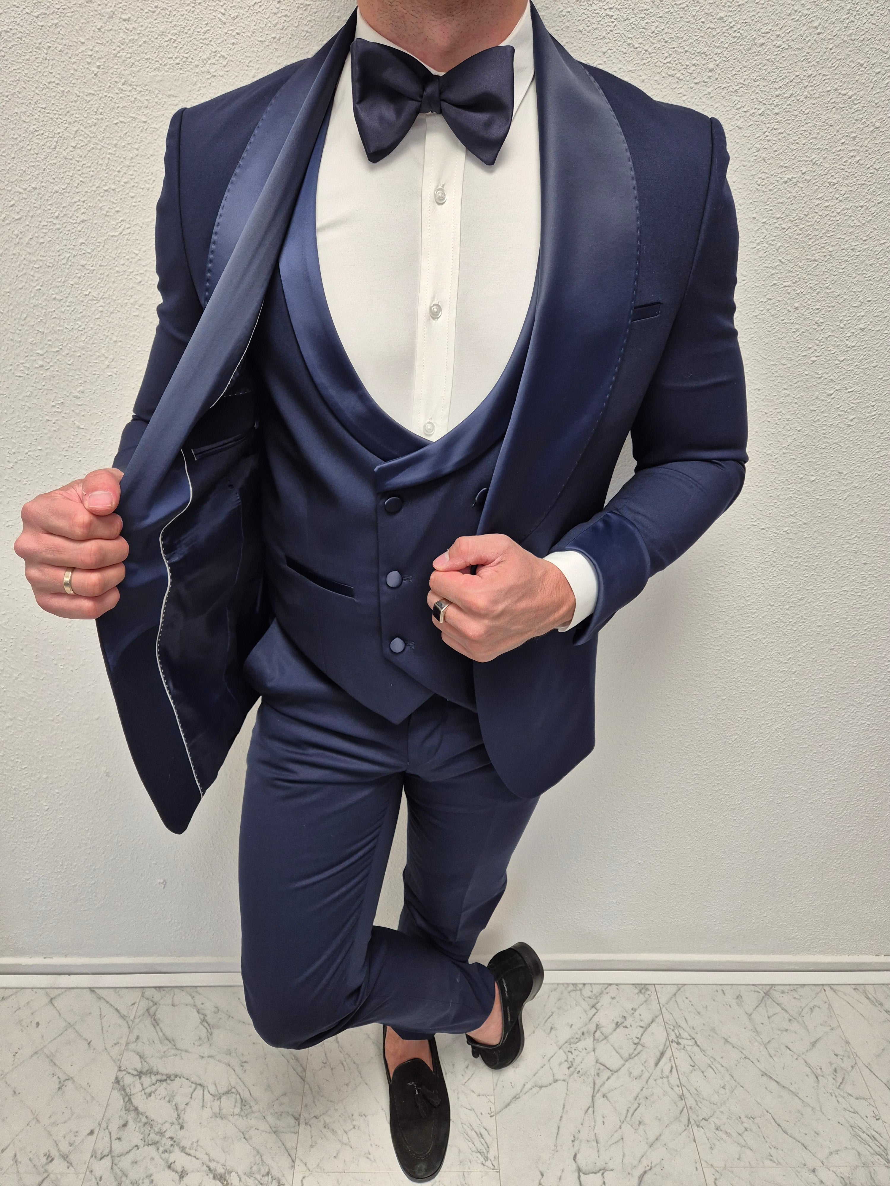 Havana Smoking Heren 3-delig Trouw Pak Tuxedo Donker Blauw