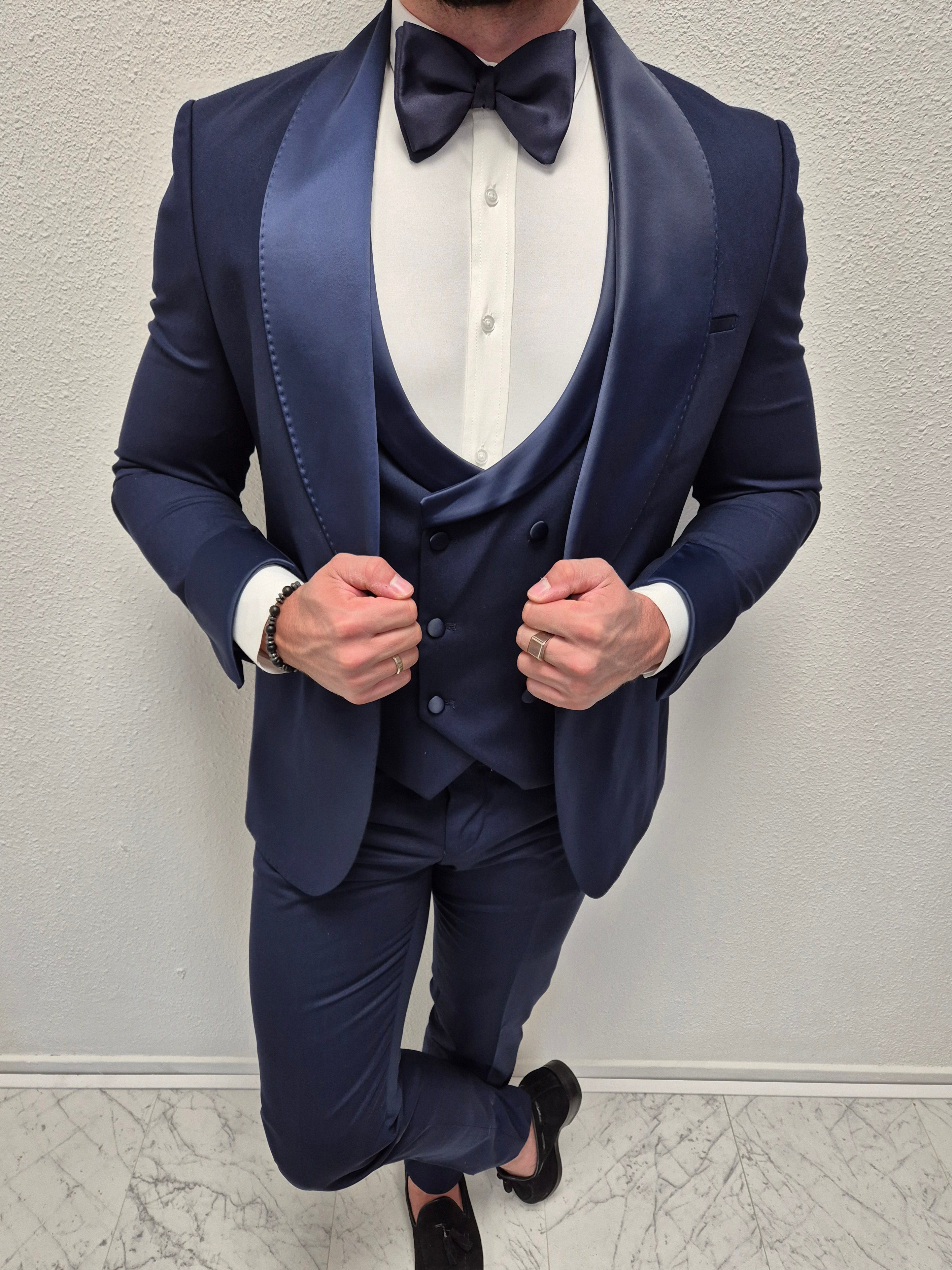 Havana Smoking Heren 3-delig Trouw Pak Tuxedo Donker Blauw