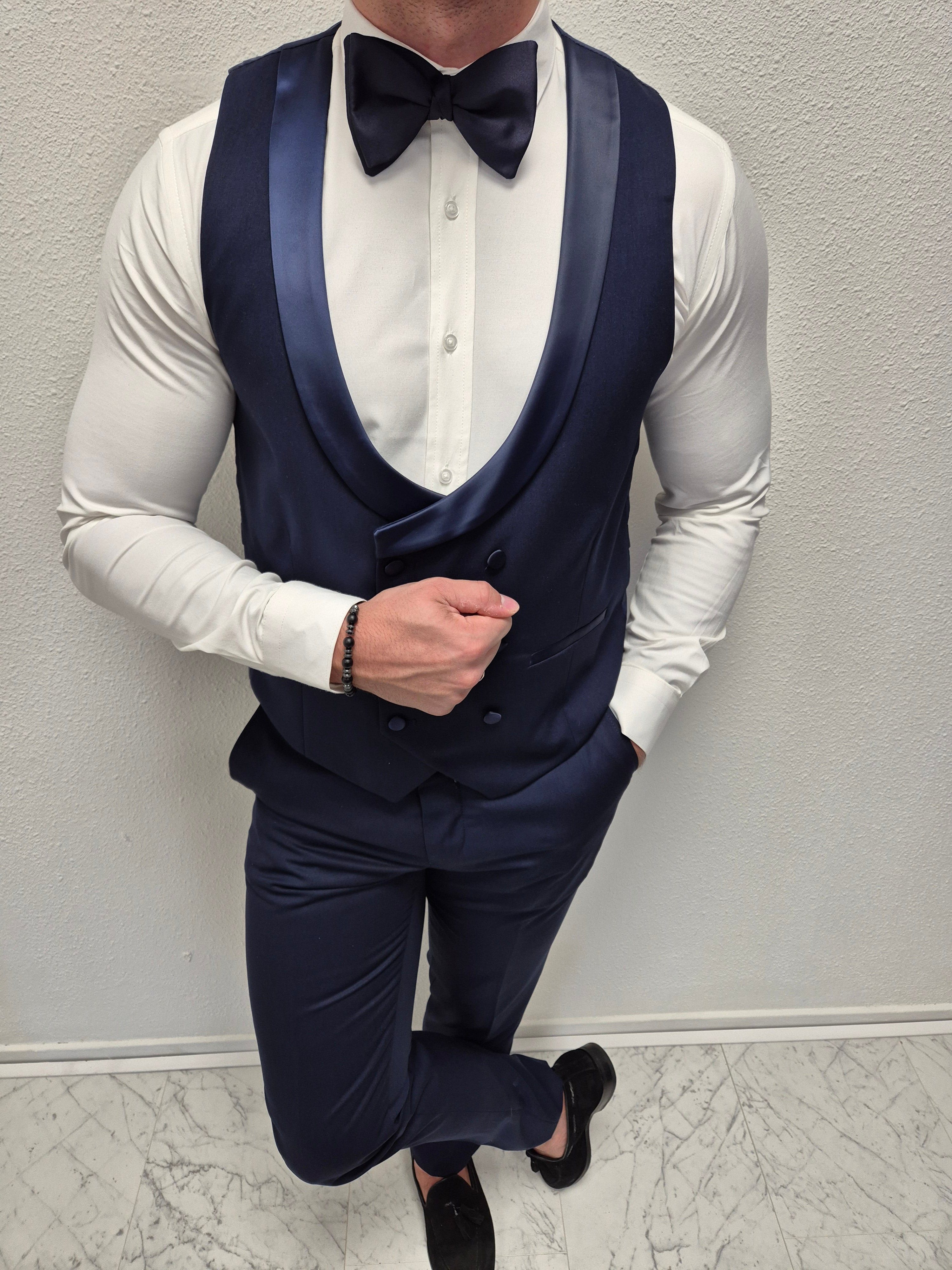 Havana Smoking Heren 3-delig Trouw Pak Tuxedo Donker Blauw