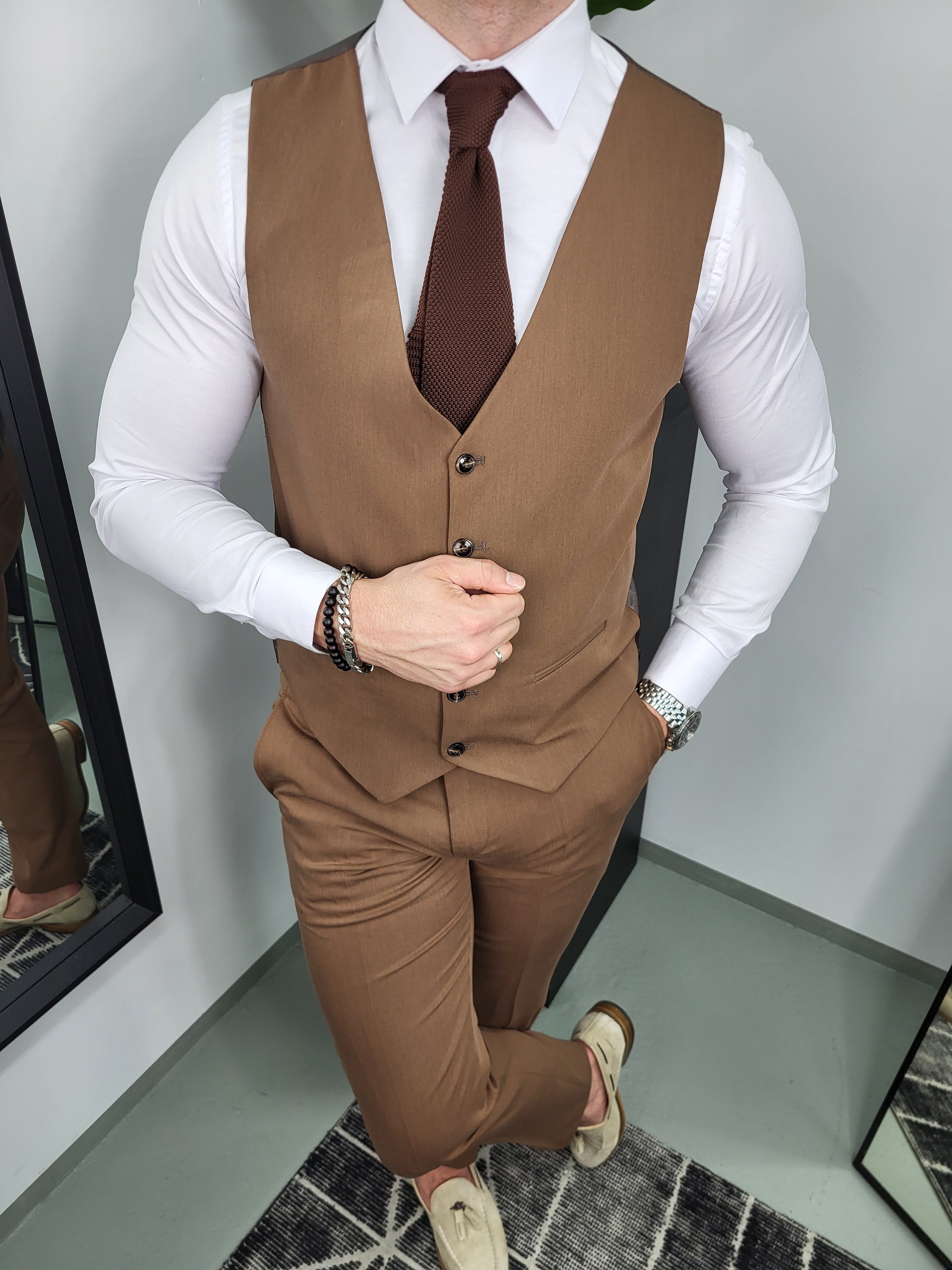 Ibiza Heren 3-delig Pak Beige Bruin Combi