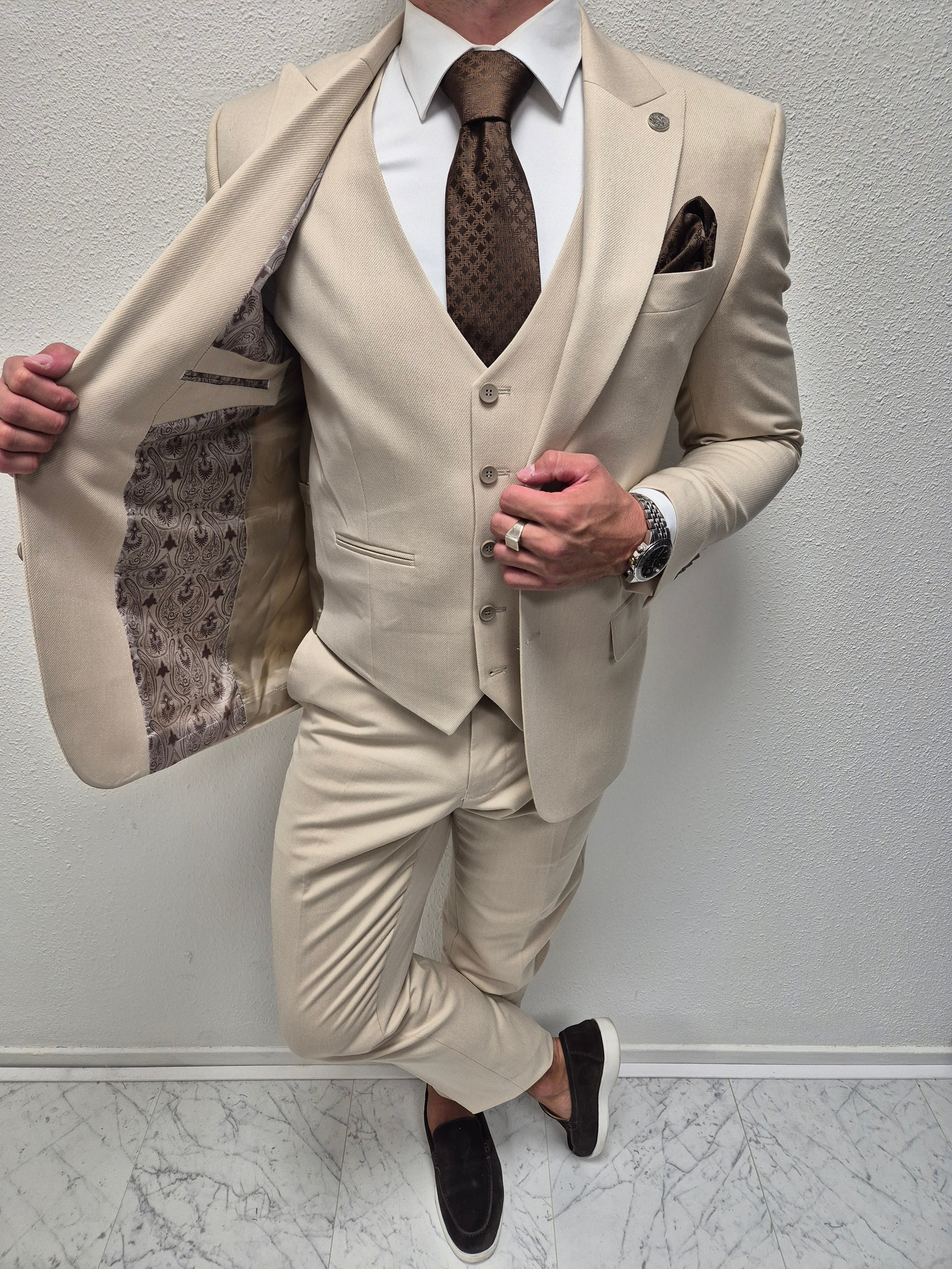 Malibu Beige Patroon Heren 3-delig Pak