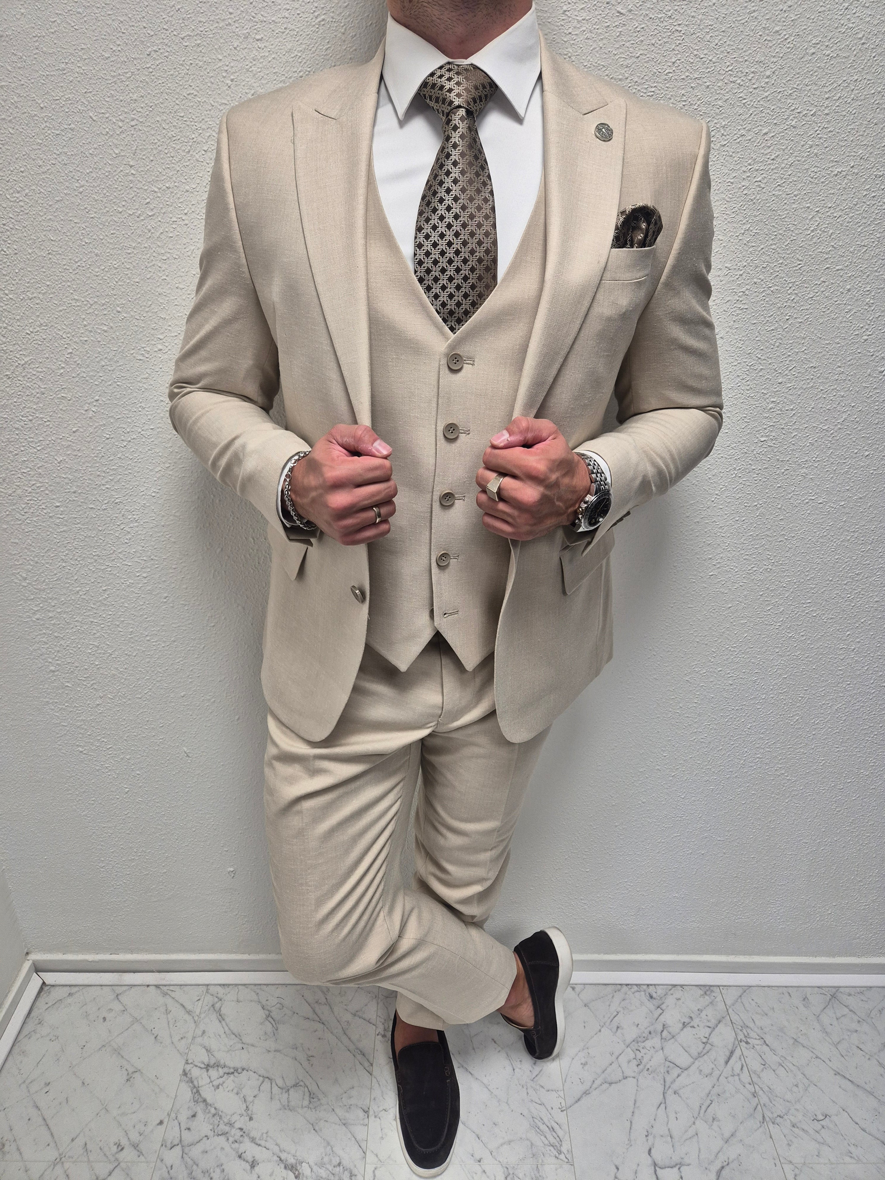 Muscat Beige Patroon Heren 3-delig Pak