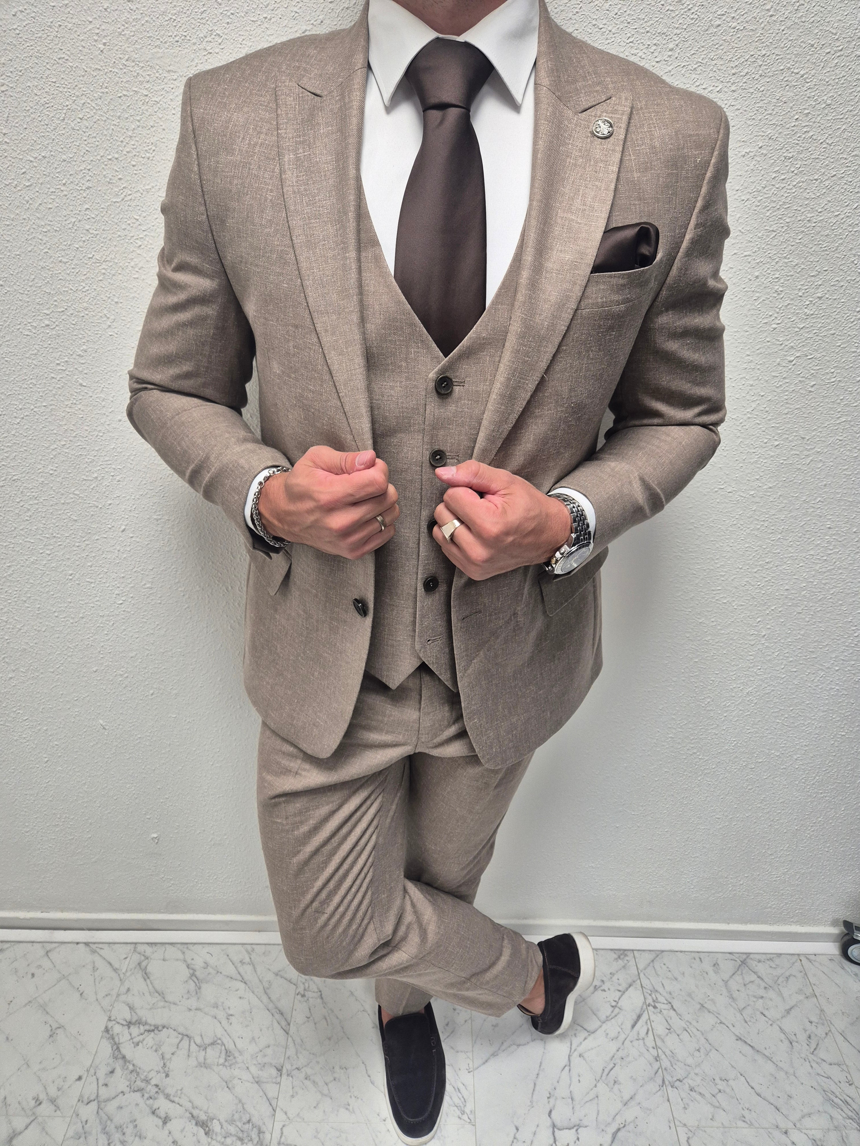 Muscat Taupe Patroon Heren 3-delig Pak