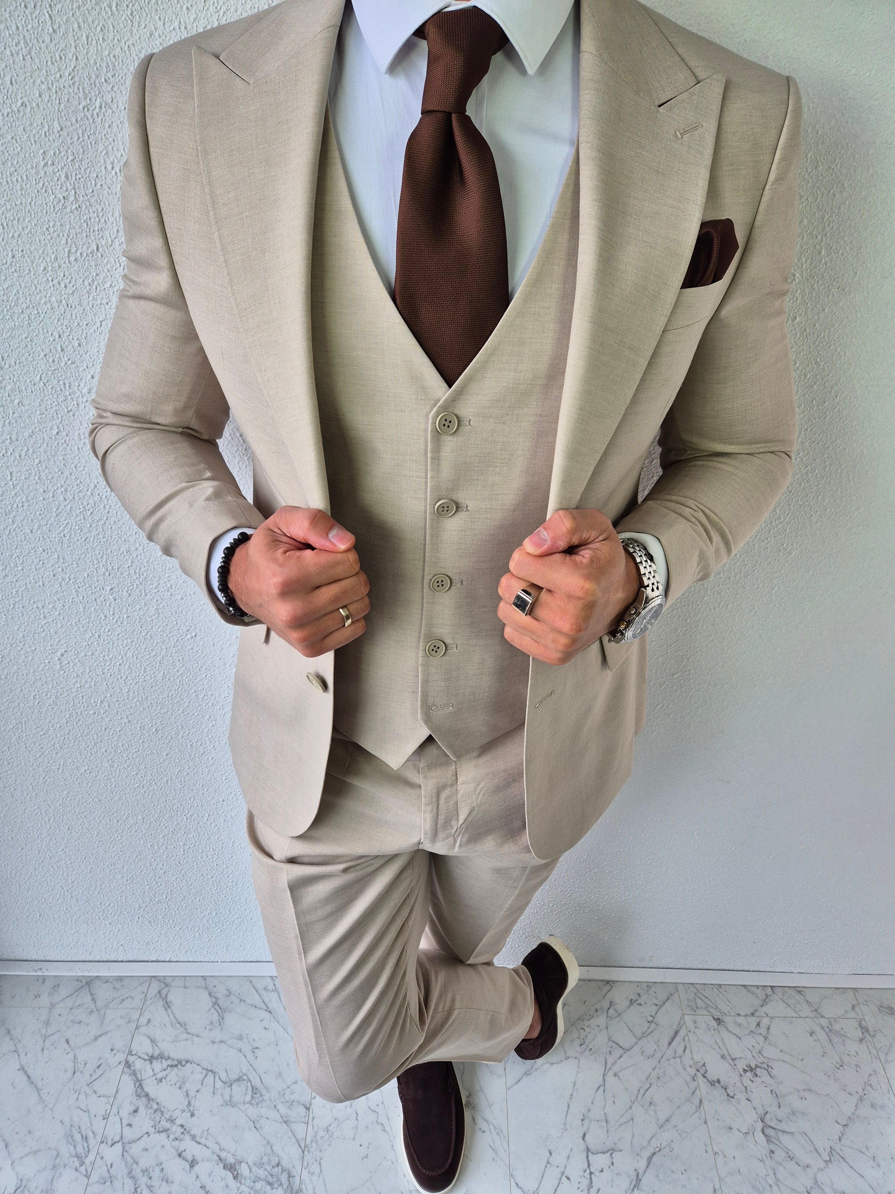 Portofino Heren 3-delig Pak Beige Patroon