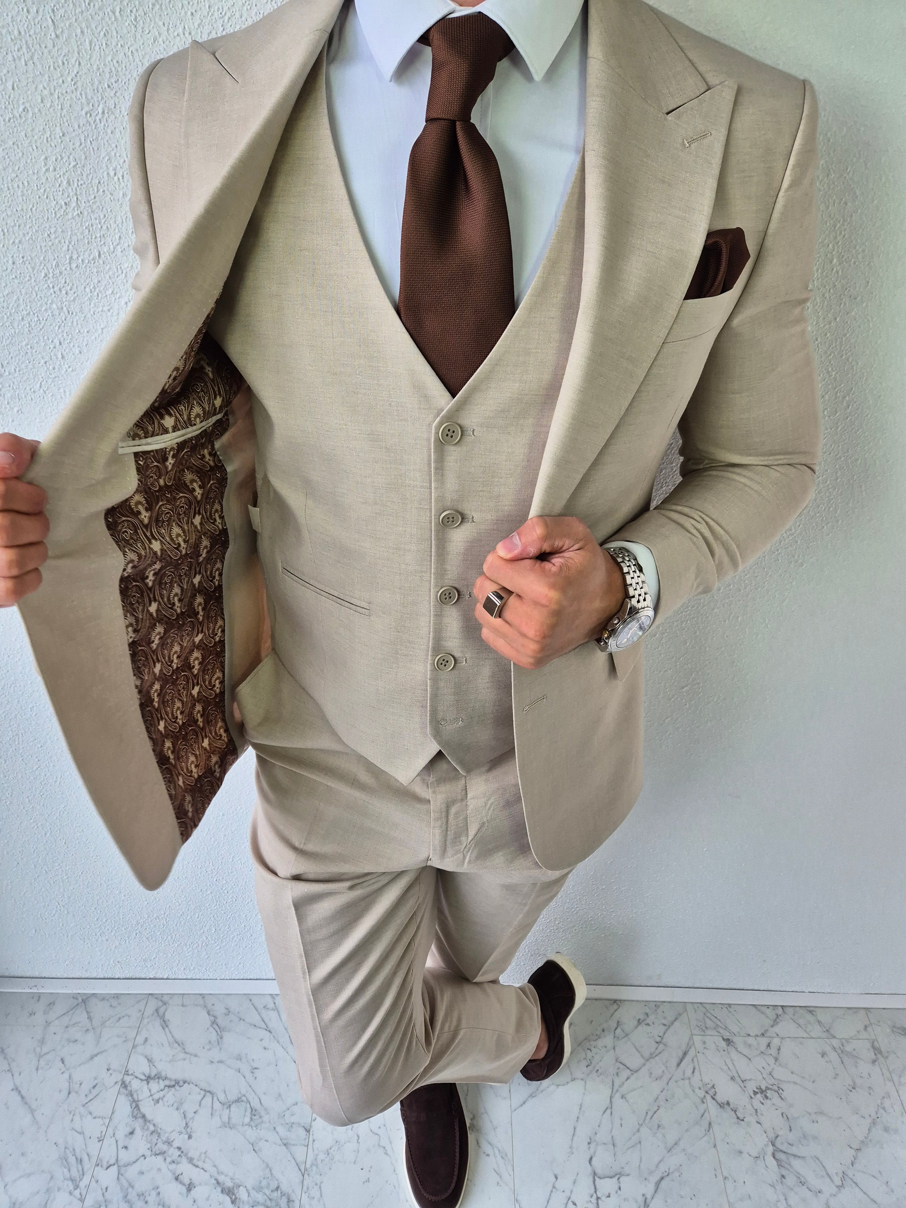 Portofino Heren 3-delig Pak Beige Patroon