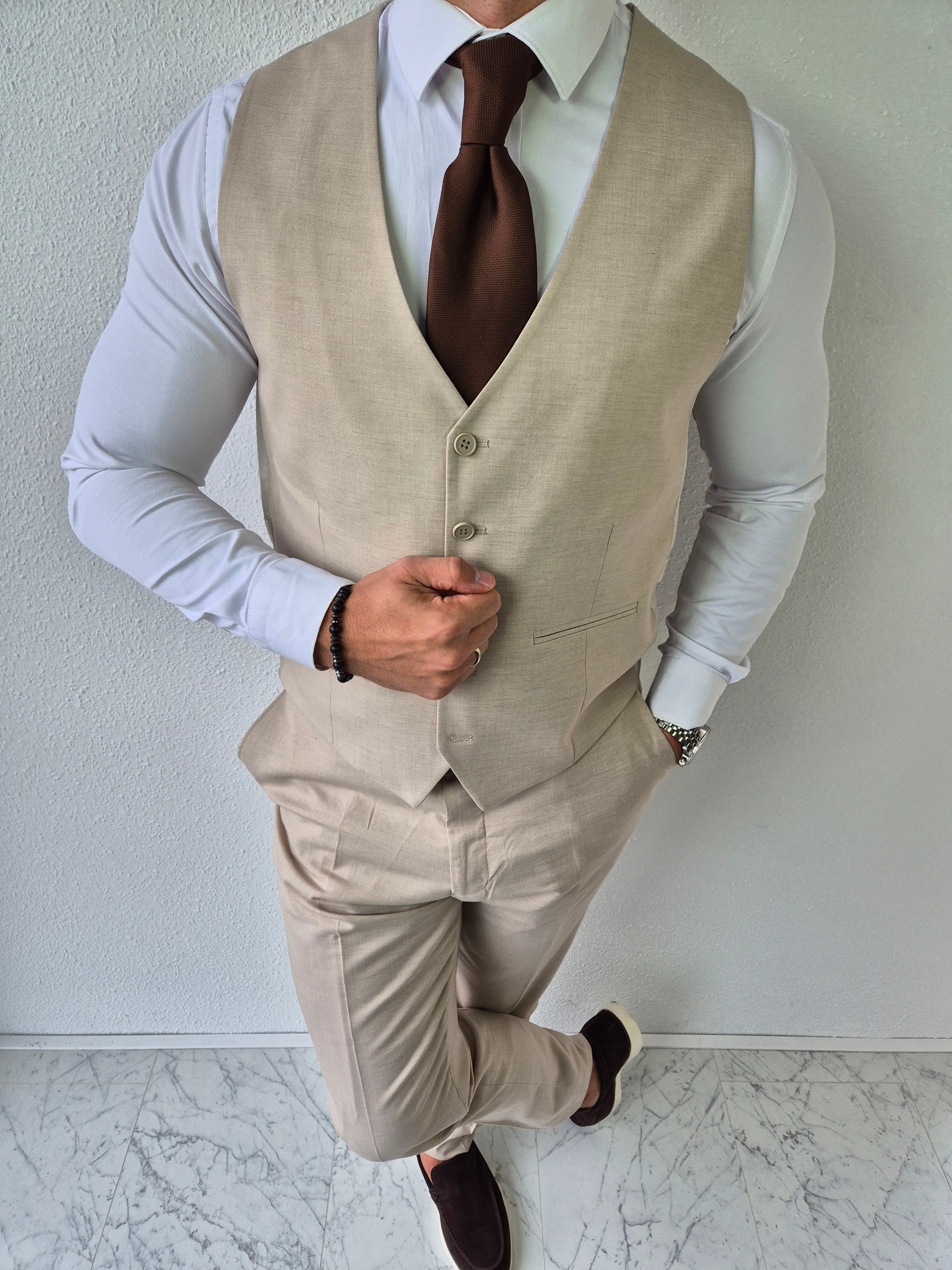 Portofino Heren 3-delig Pak Beige Patroon