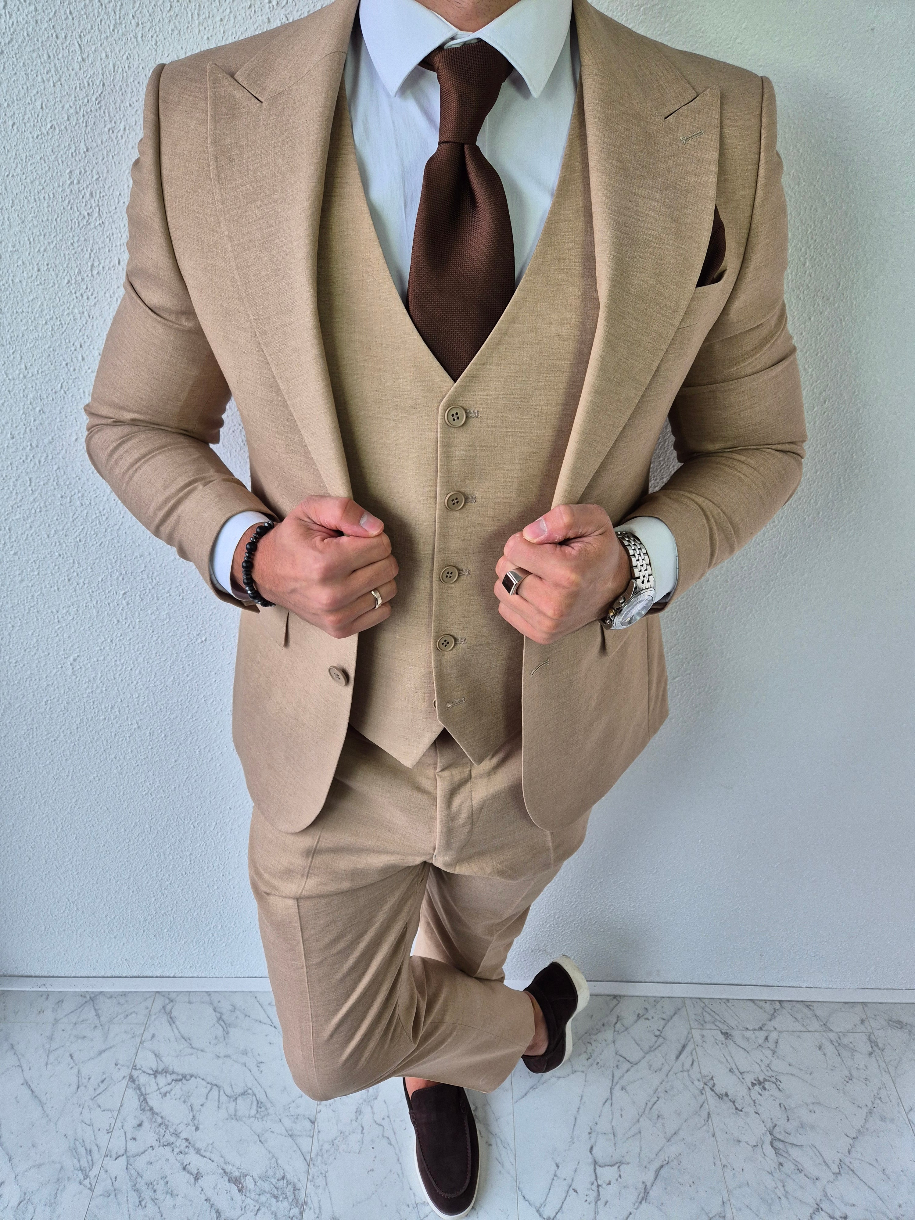 Portofino Heren 3-delig Pak Zand Beige Patroon
