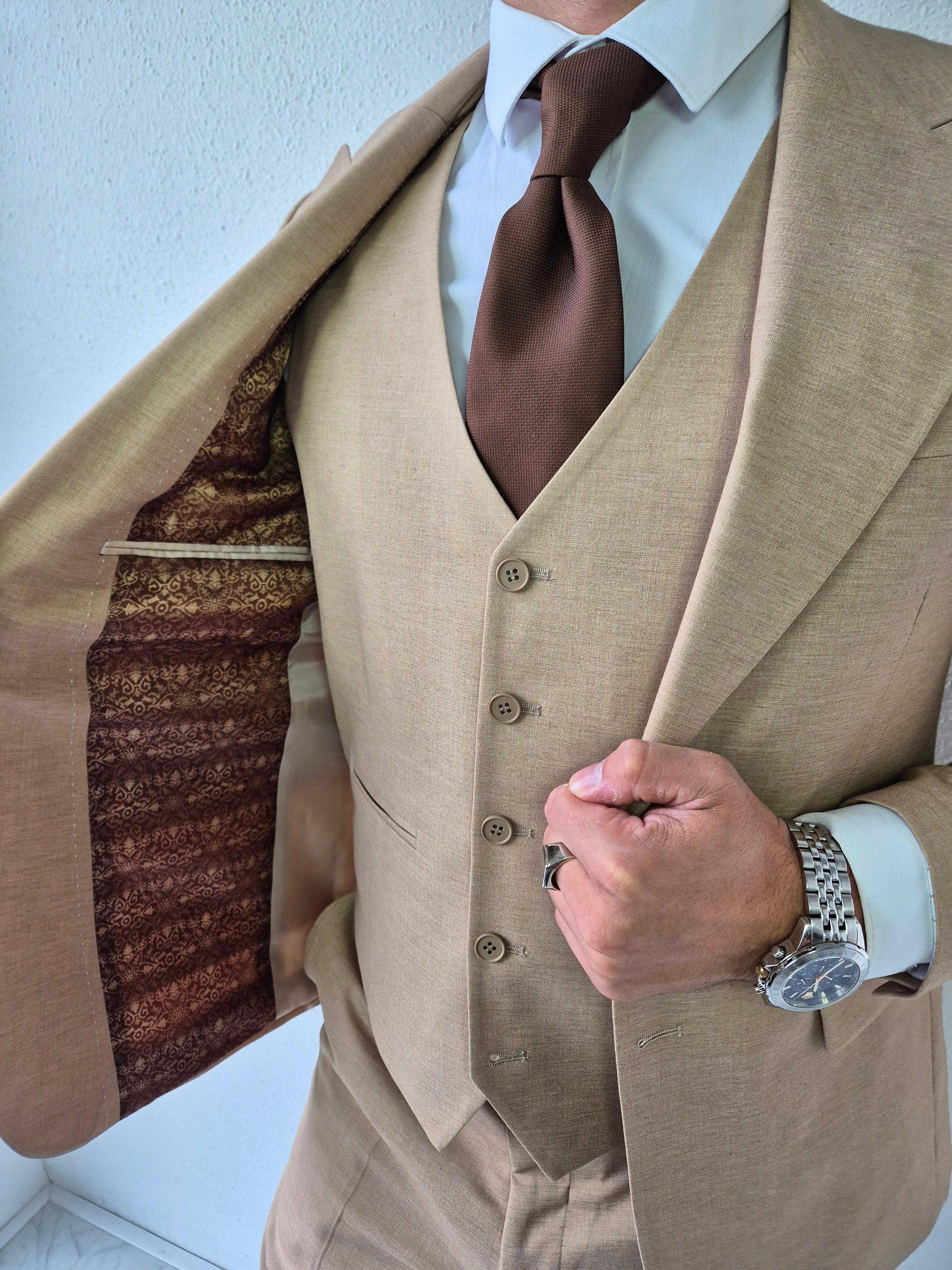 Portofino Heren 3-delig Pak Zand Beige Patroon