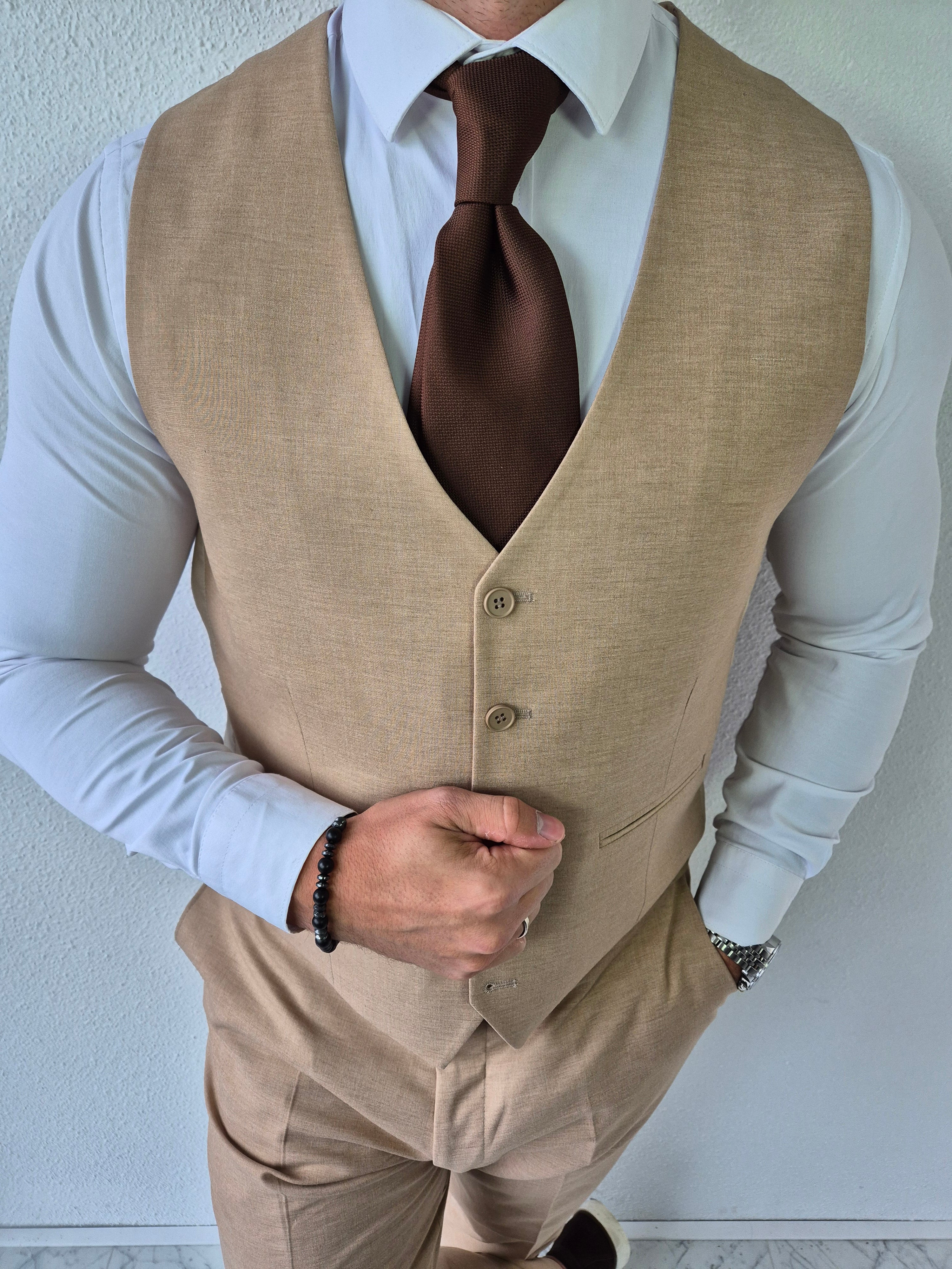 Portofino Heren 3-delig Pak Zand Beige Patroon