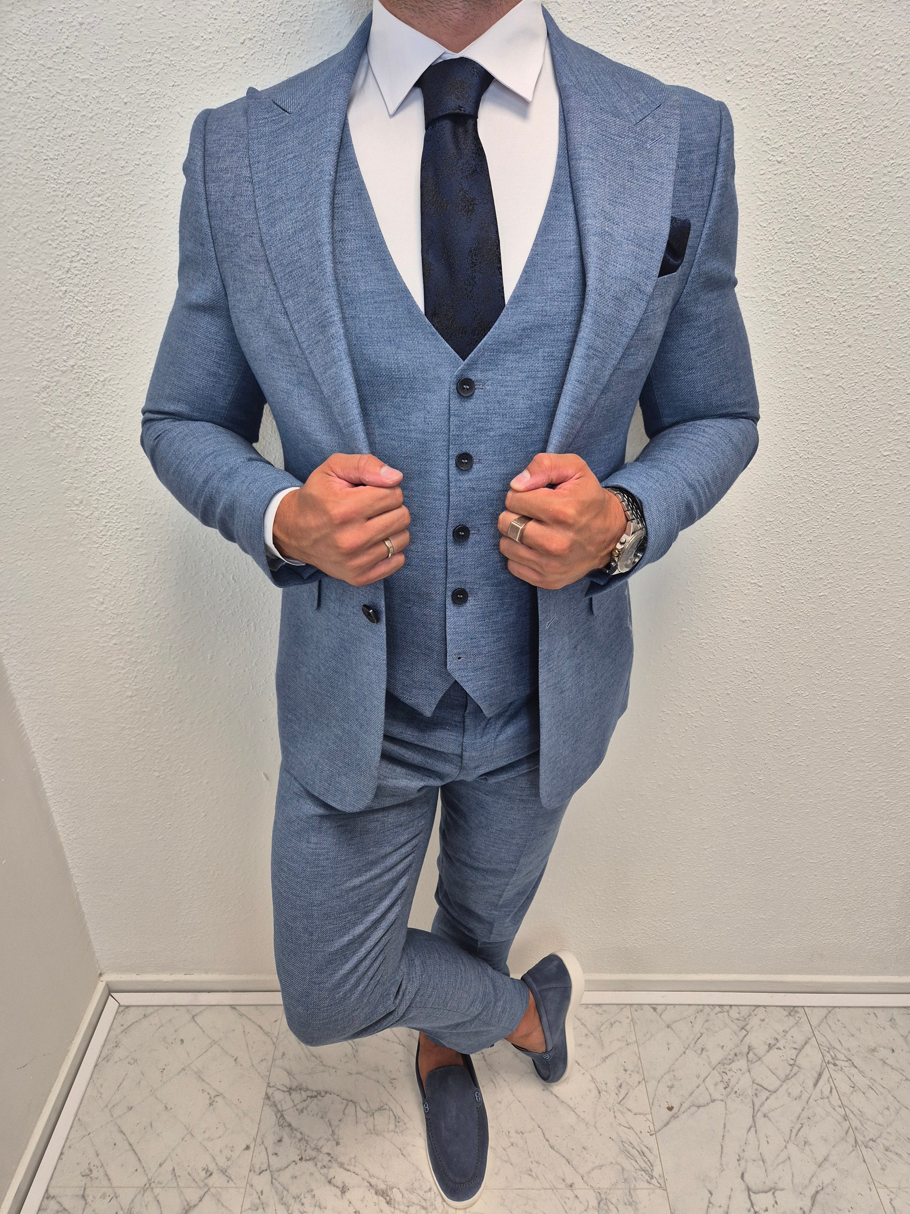 Positano Blauw Heren 3-delig Pak Patroon