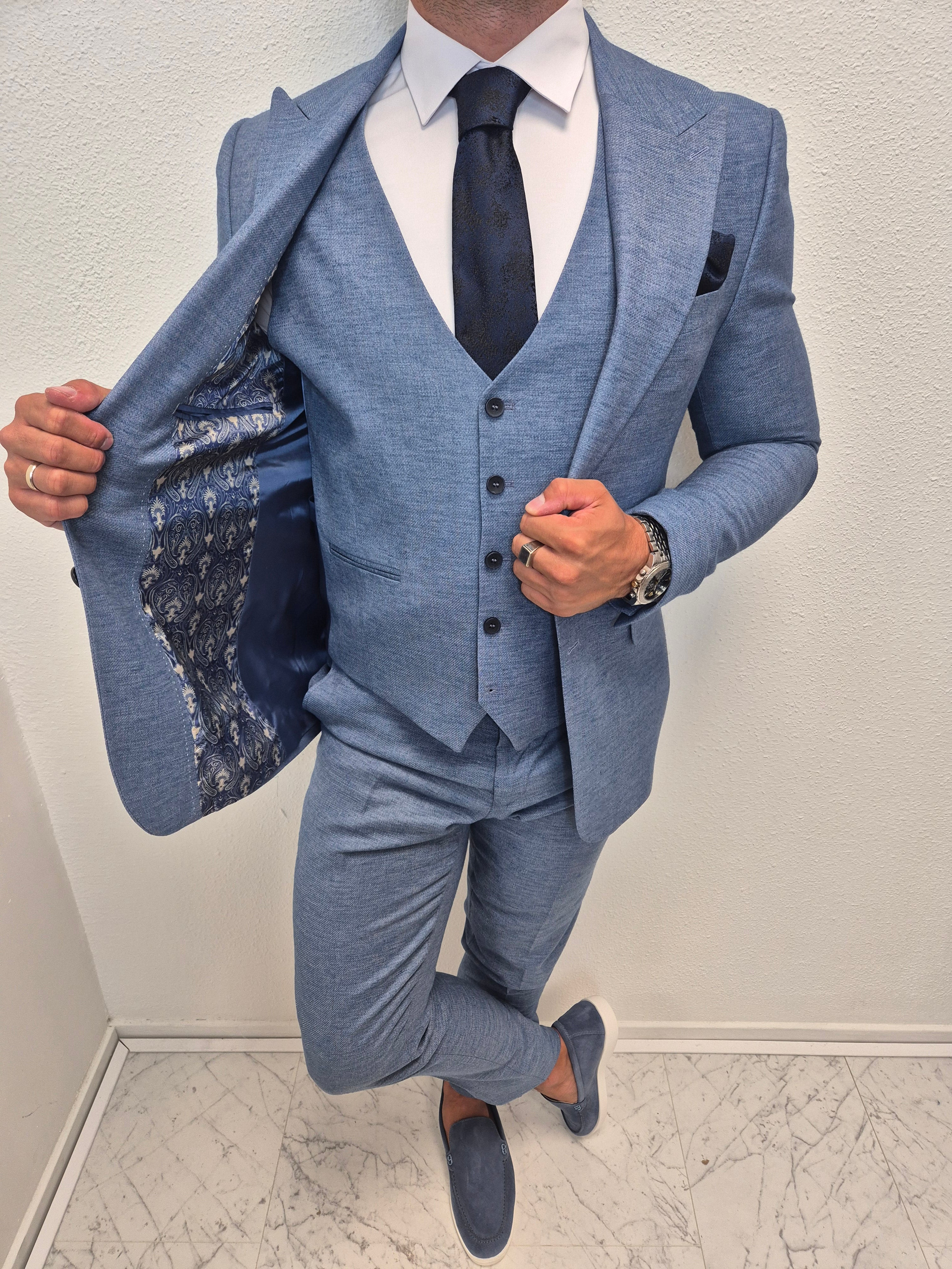 Positano Blauw Heren 3-delig Pak Patroon