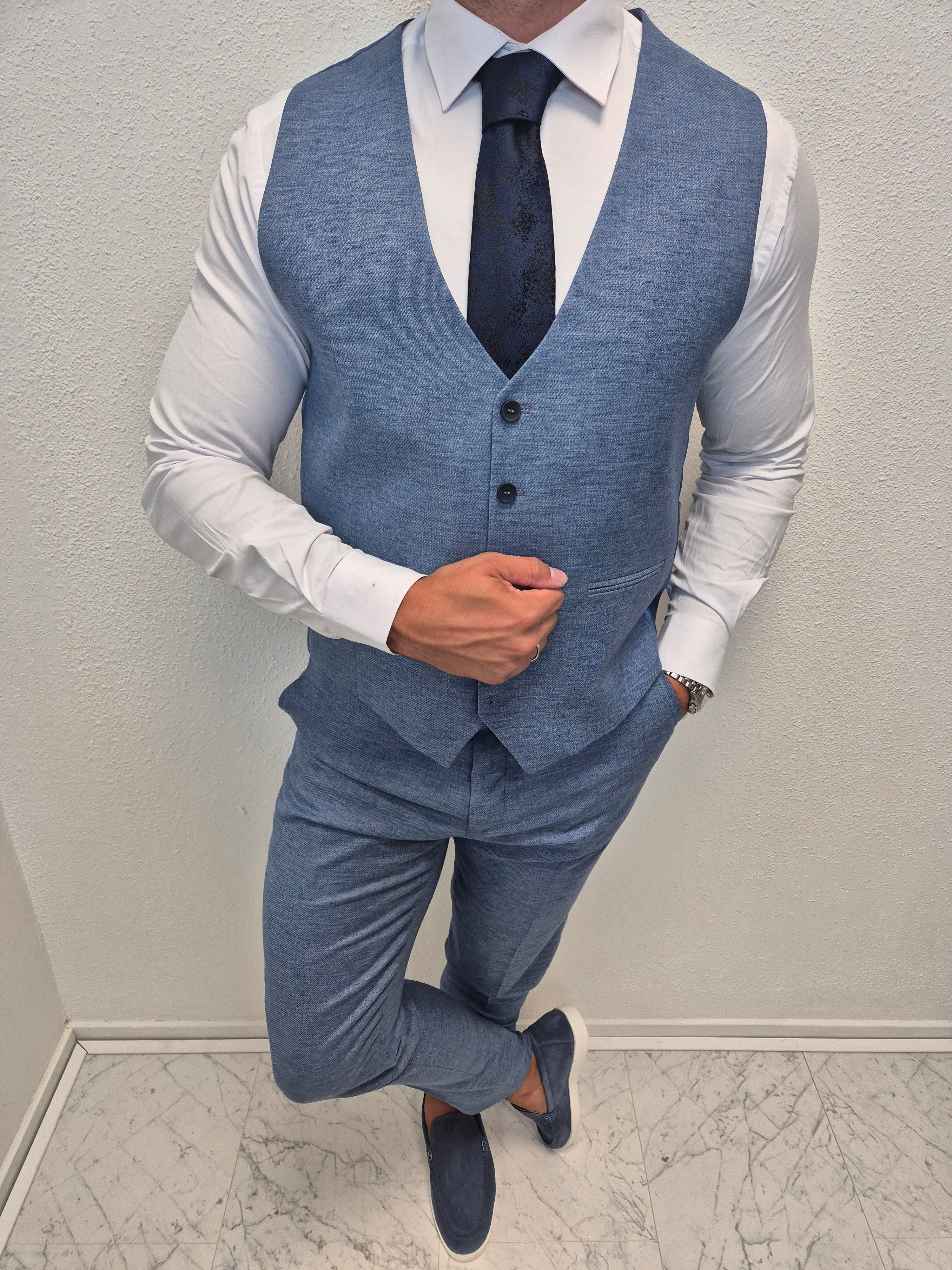 Positano Blauw Heren 3-delig Pak Patroon