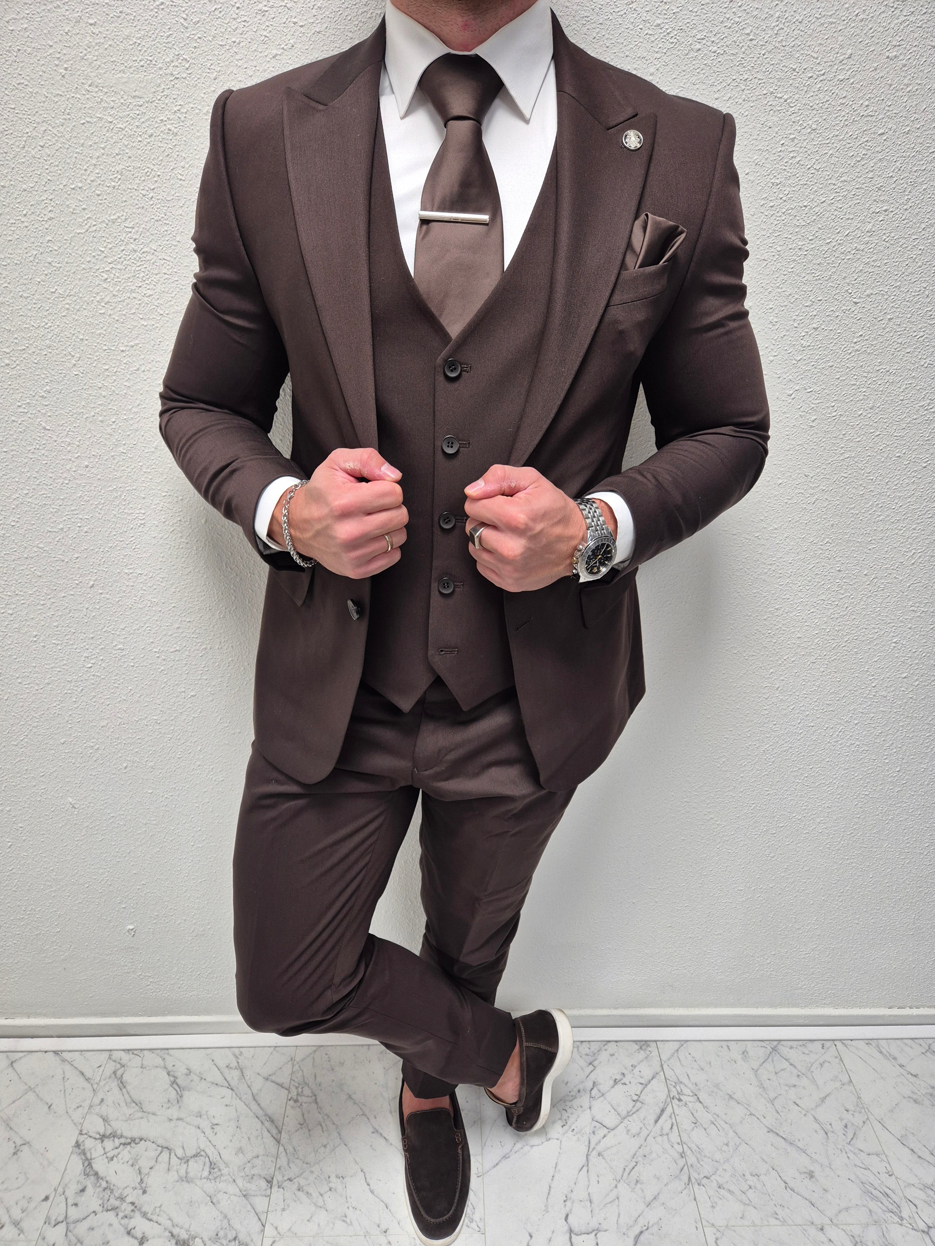 Salento Donker Bruin Heren 3-delig Pak Gestreept