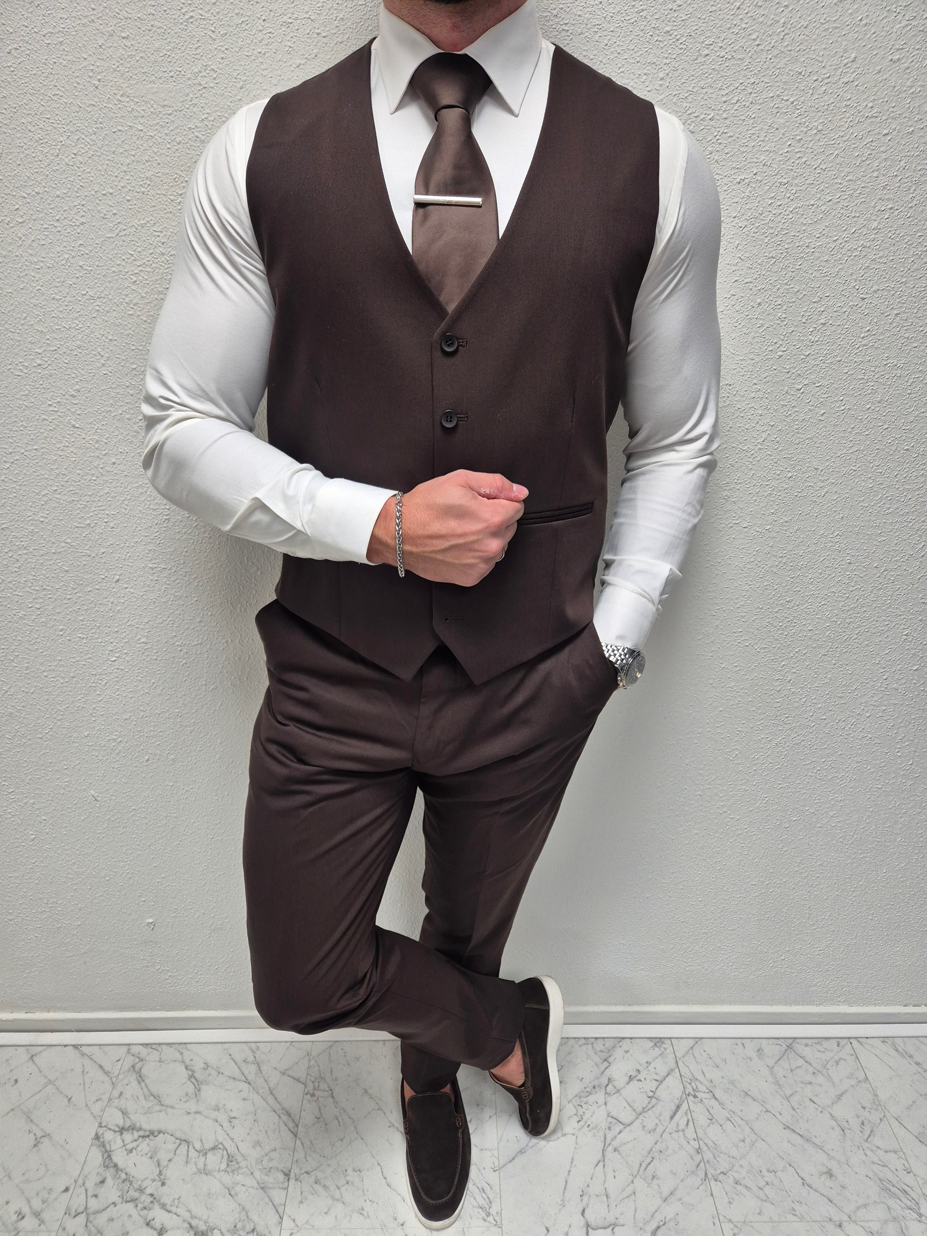 Salento Donker Bruin Heren 3-delig Pak Gestreept