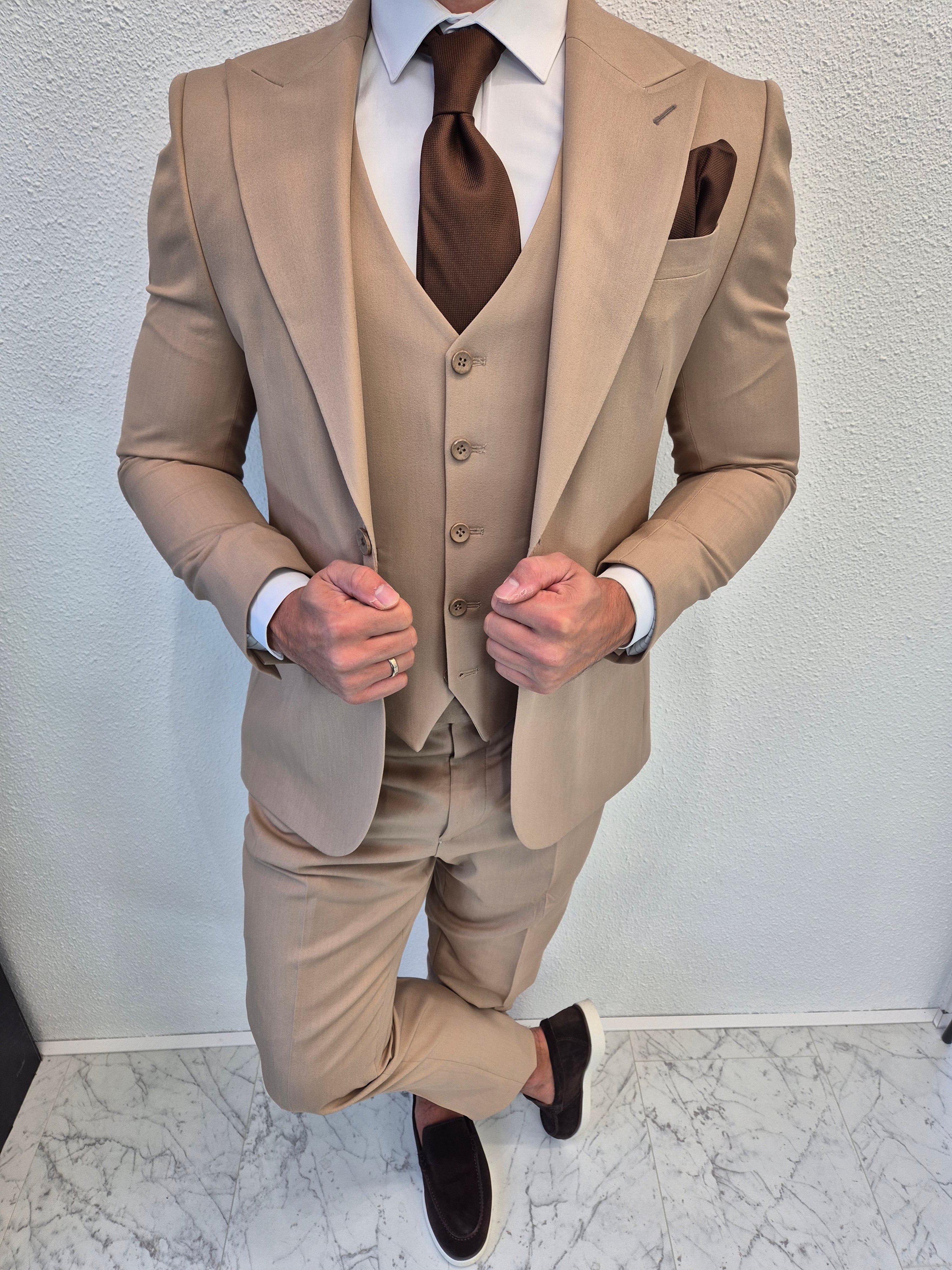 Santiago Heren 3-delig Pak Zand Beige Klassiek