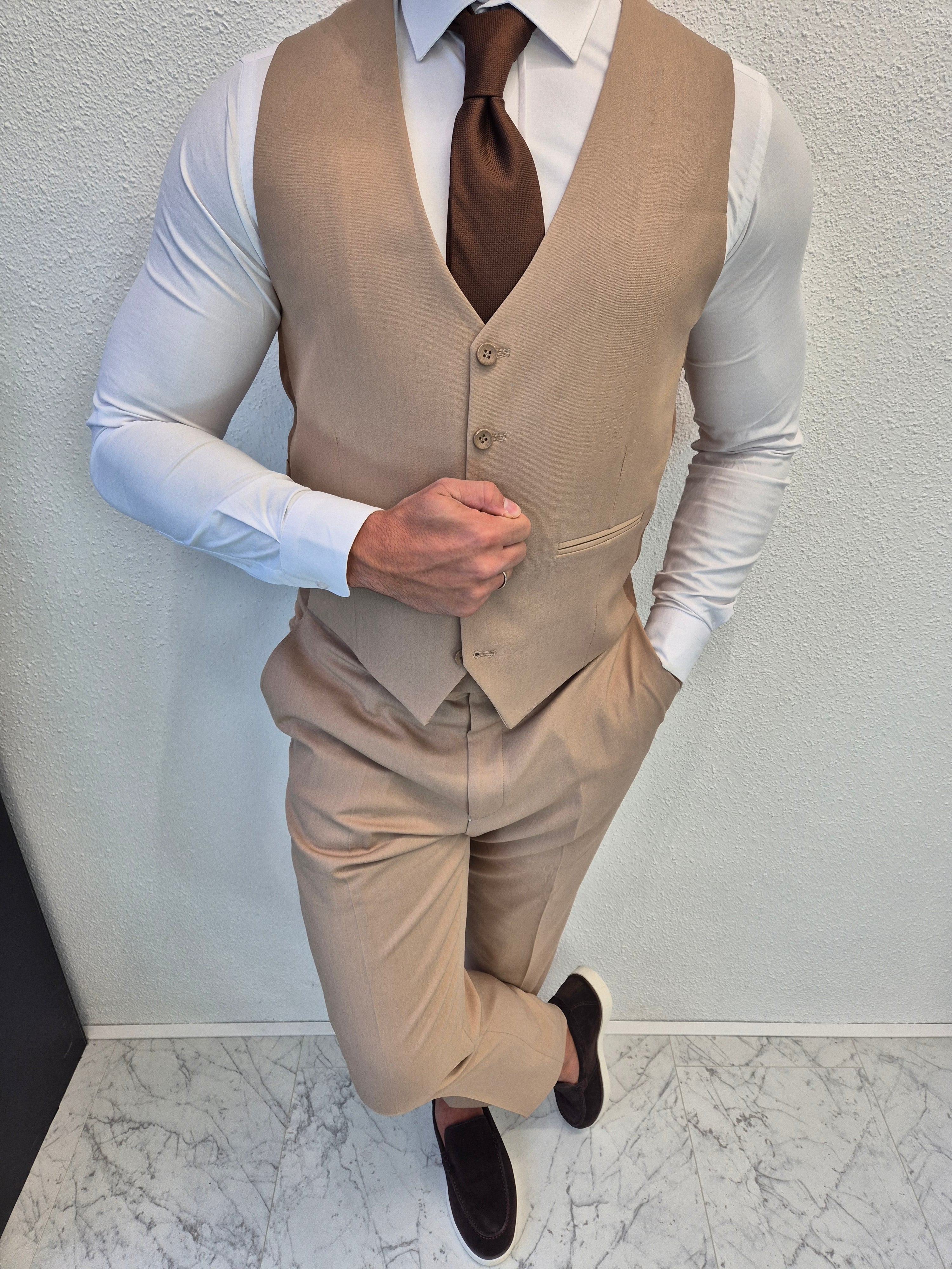 Santiago Heren 3-delig Pak Zand Beige Klassiek