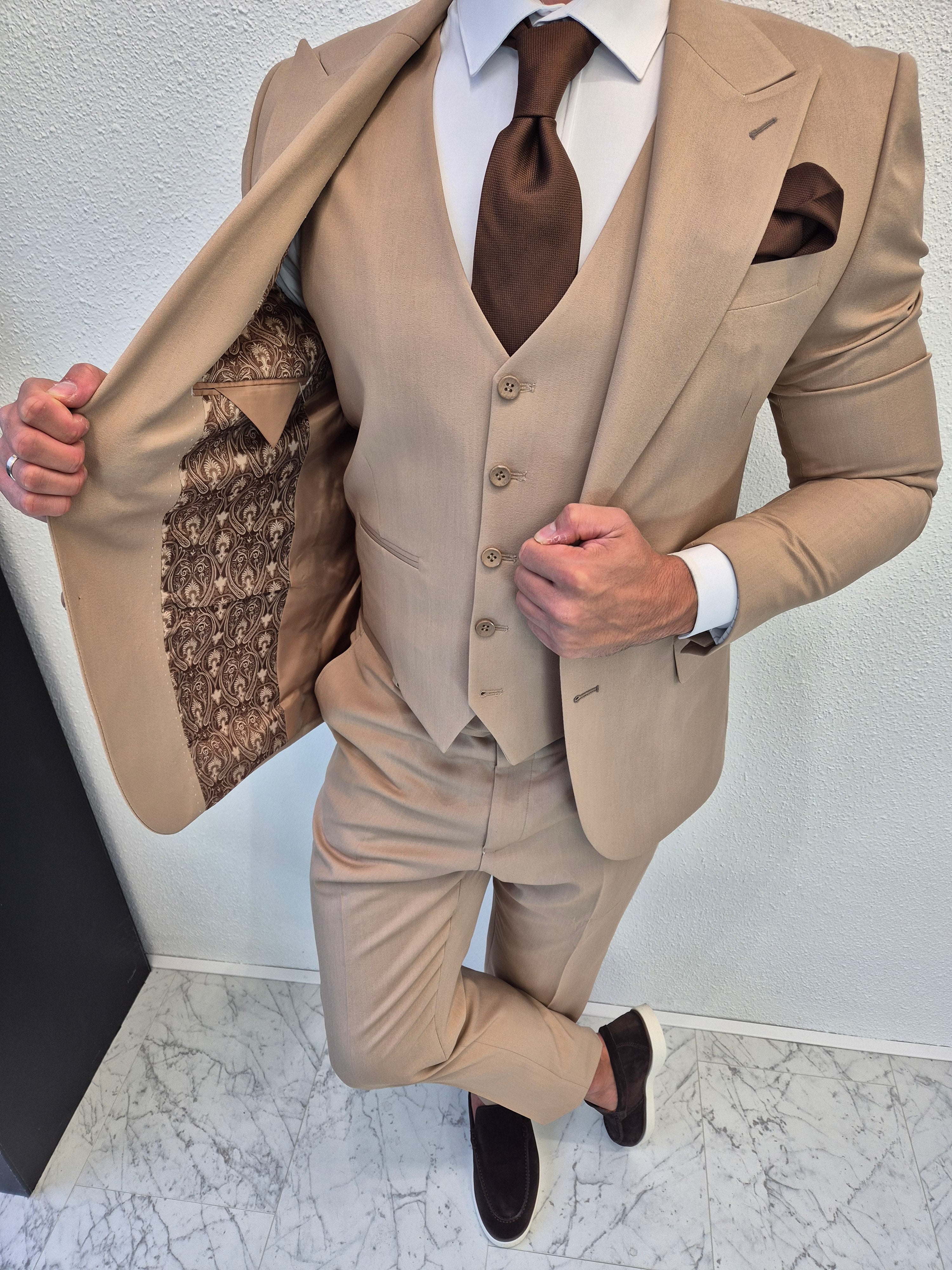 Santiago Heren 3-delig Pak Zand Beige Klassiek