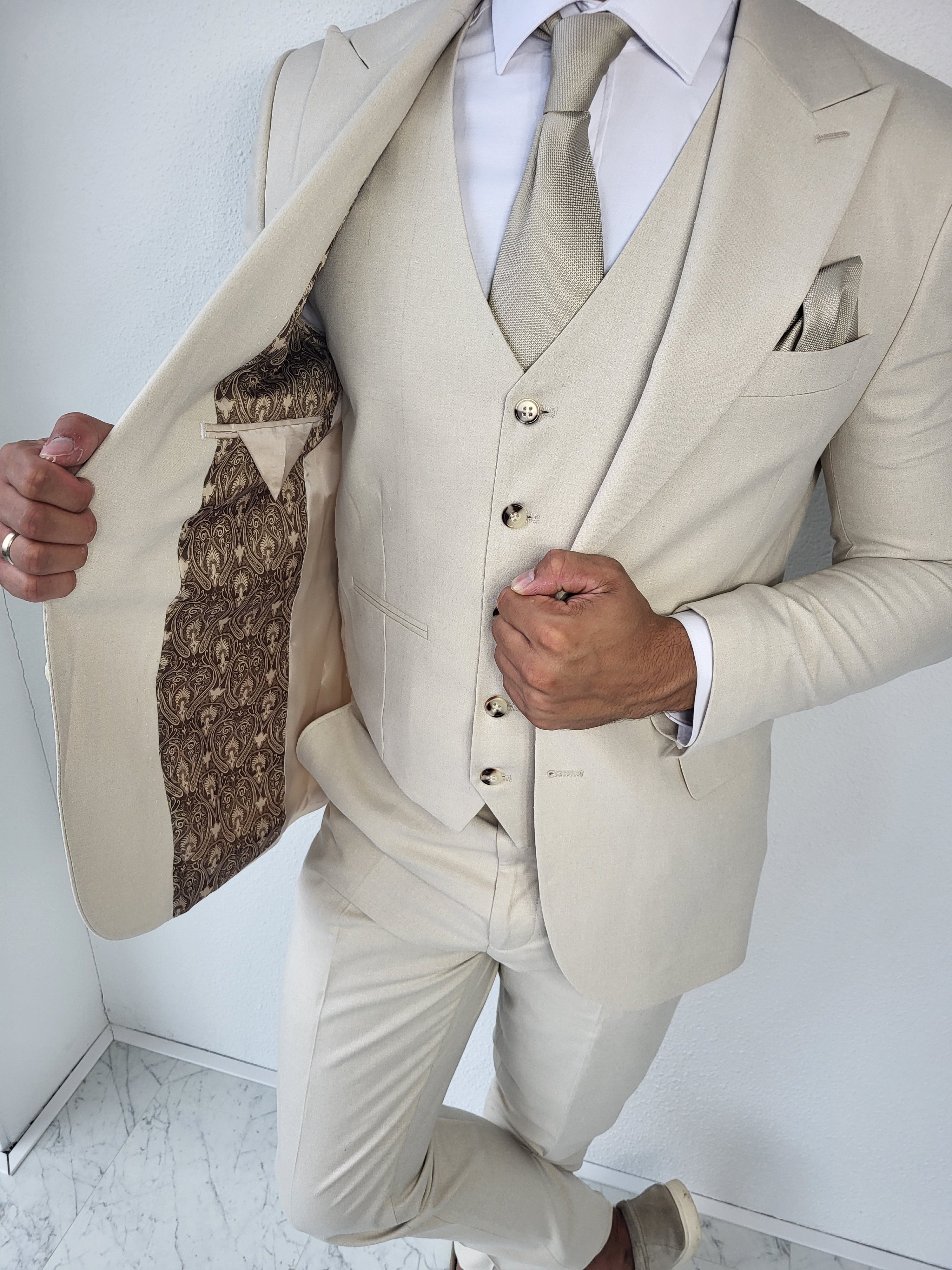 Santorini Pastel Beige Heren 3-delig Pak Patroon