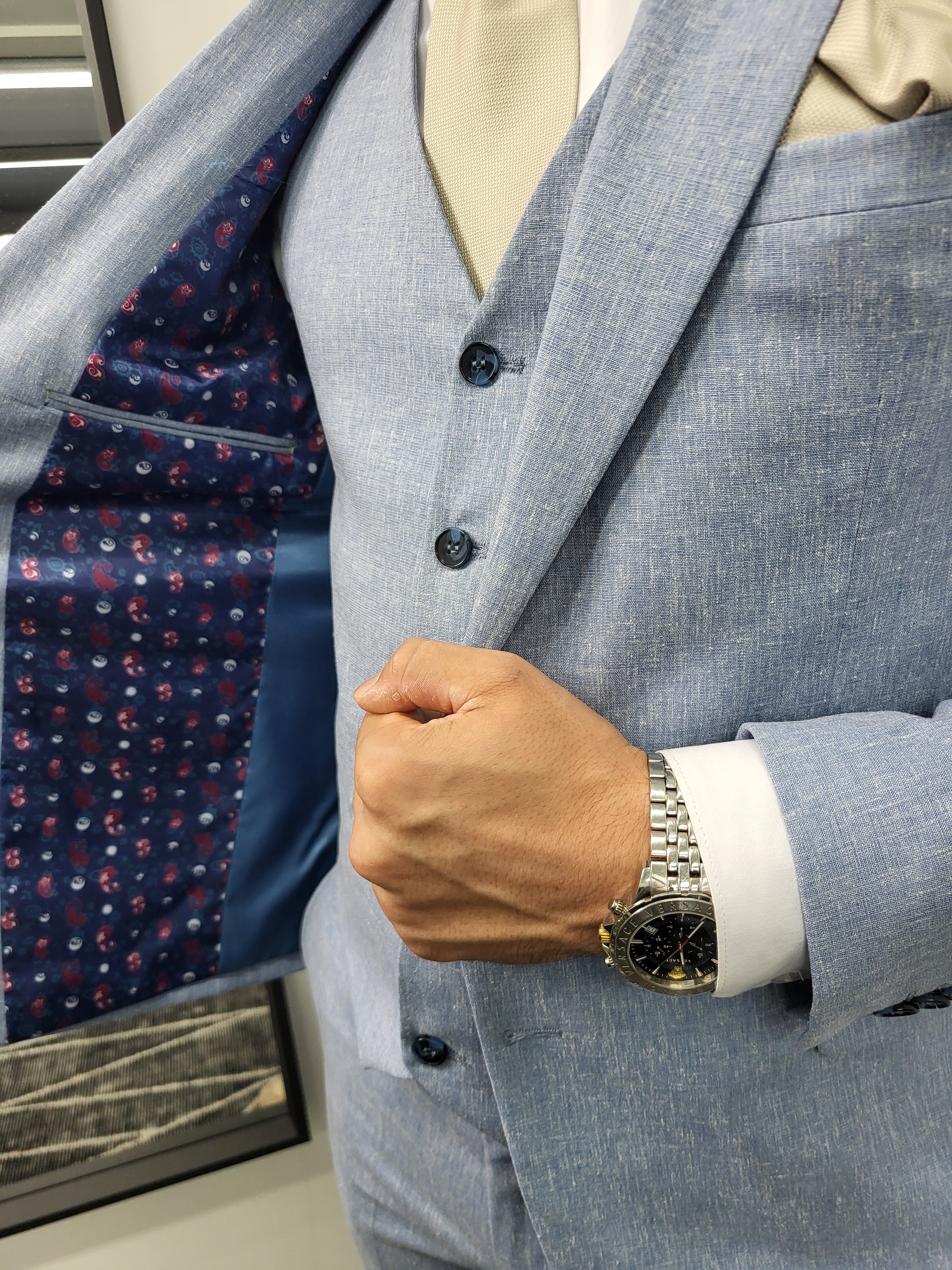Santos Premium Heren 3-delig Pak Licht Blauw Patroon
