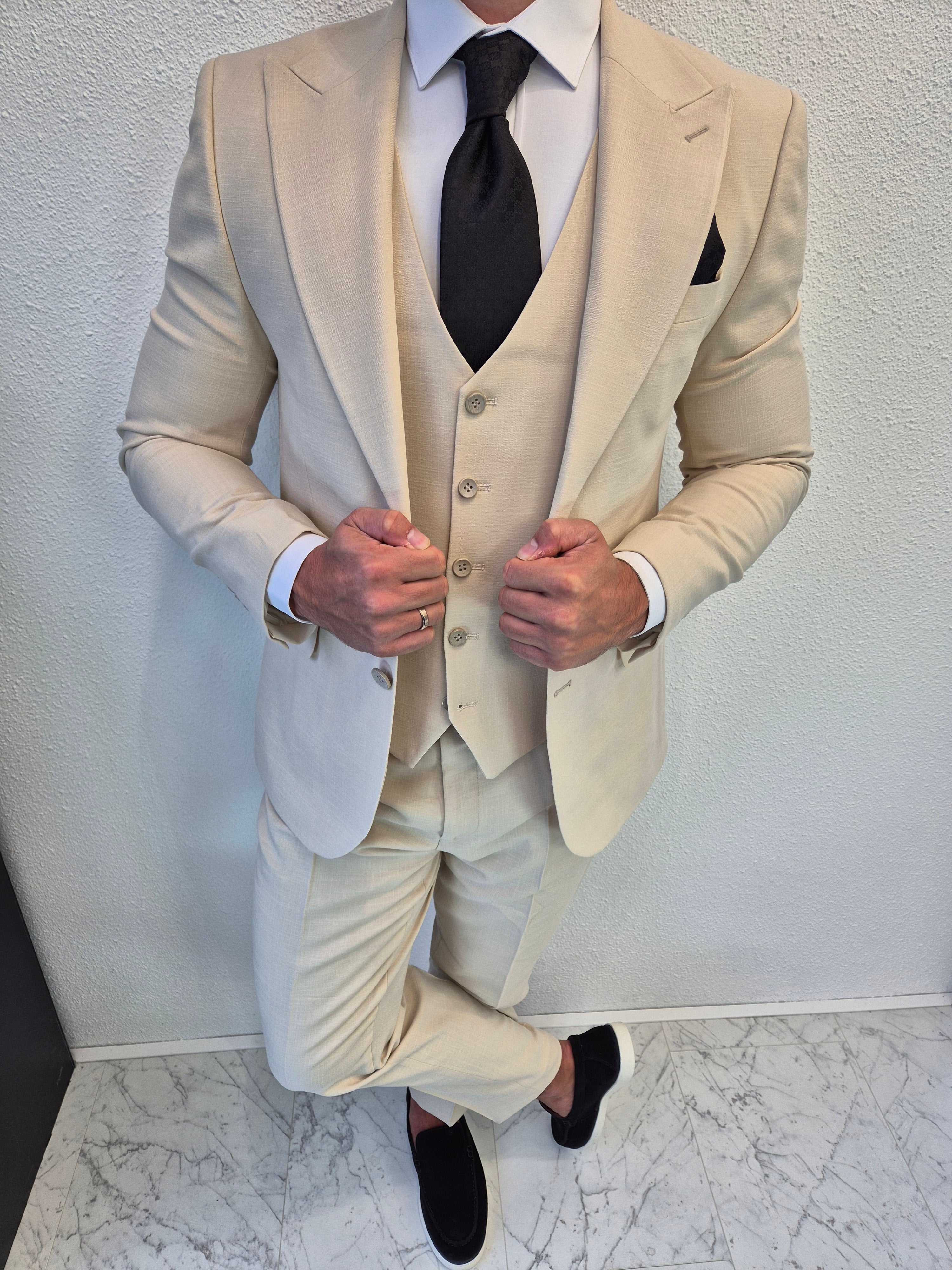 Toronto Heren 3-delig Pak Ivoor Beige Patroon
