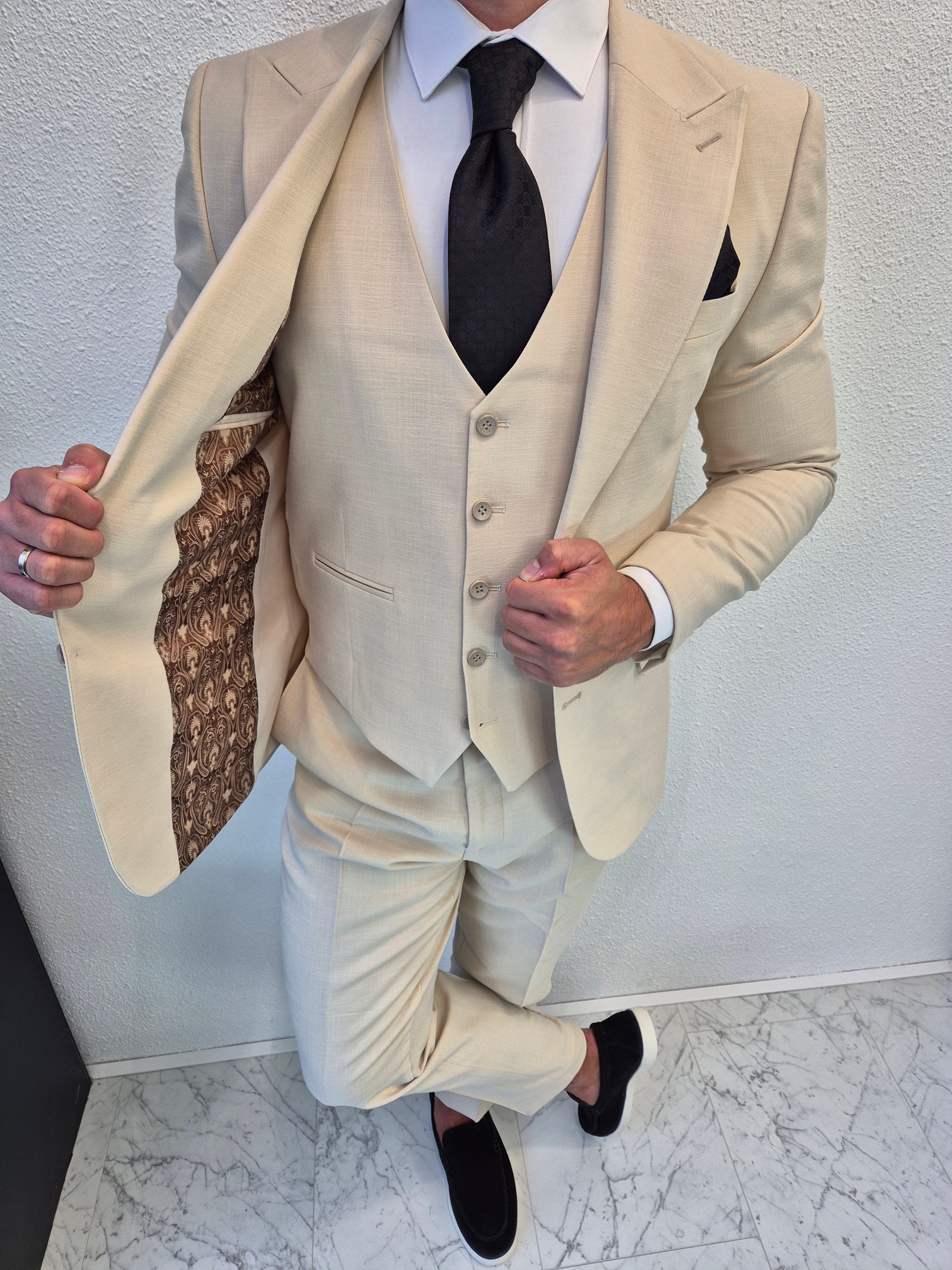 Toronto Heren 3-delig Pak Ivoor Beige Patroon
