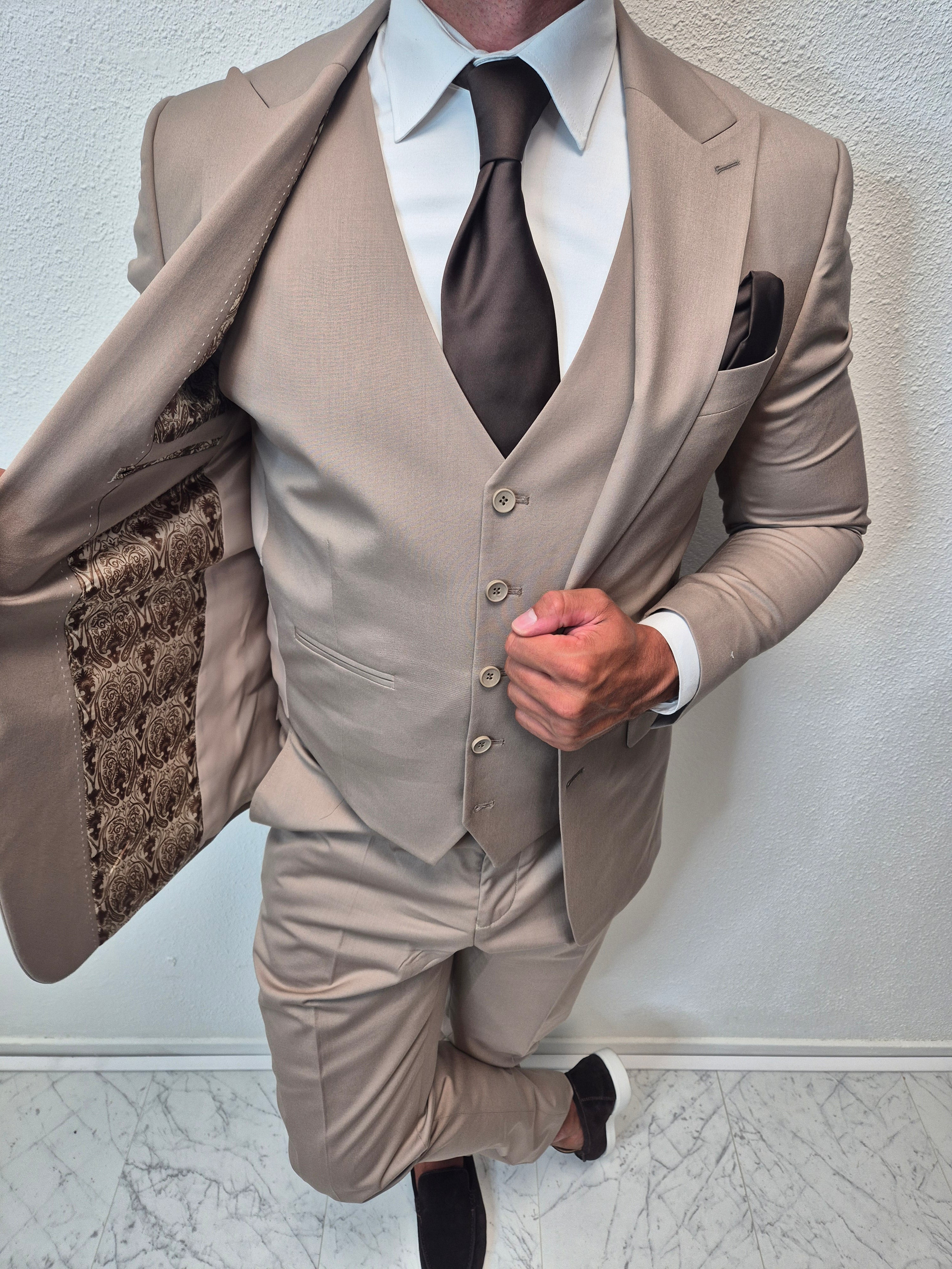 Milano Taupe Heren 3-delig Pak Klassiek