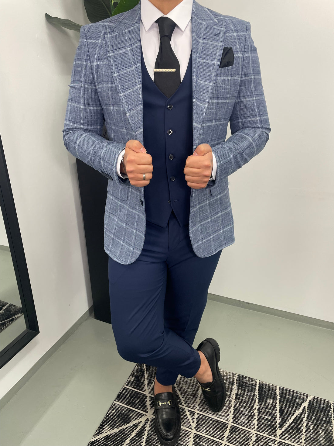 Nice Heren 3-delig Pak IJs- en Donker Blauw Geruit Combi
