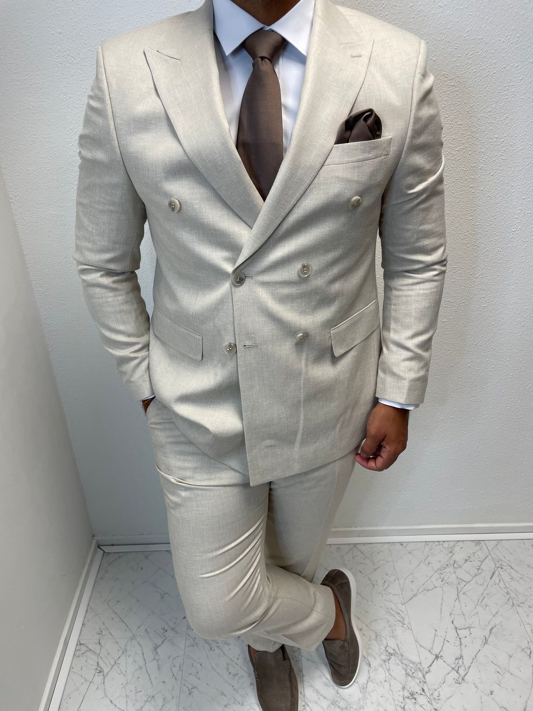 Amalfi Pastel Beige Double Breasted Heren 2-delig Pak Patroon