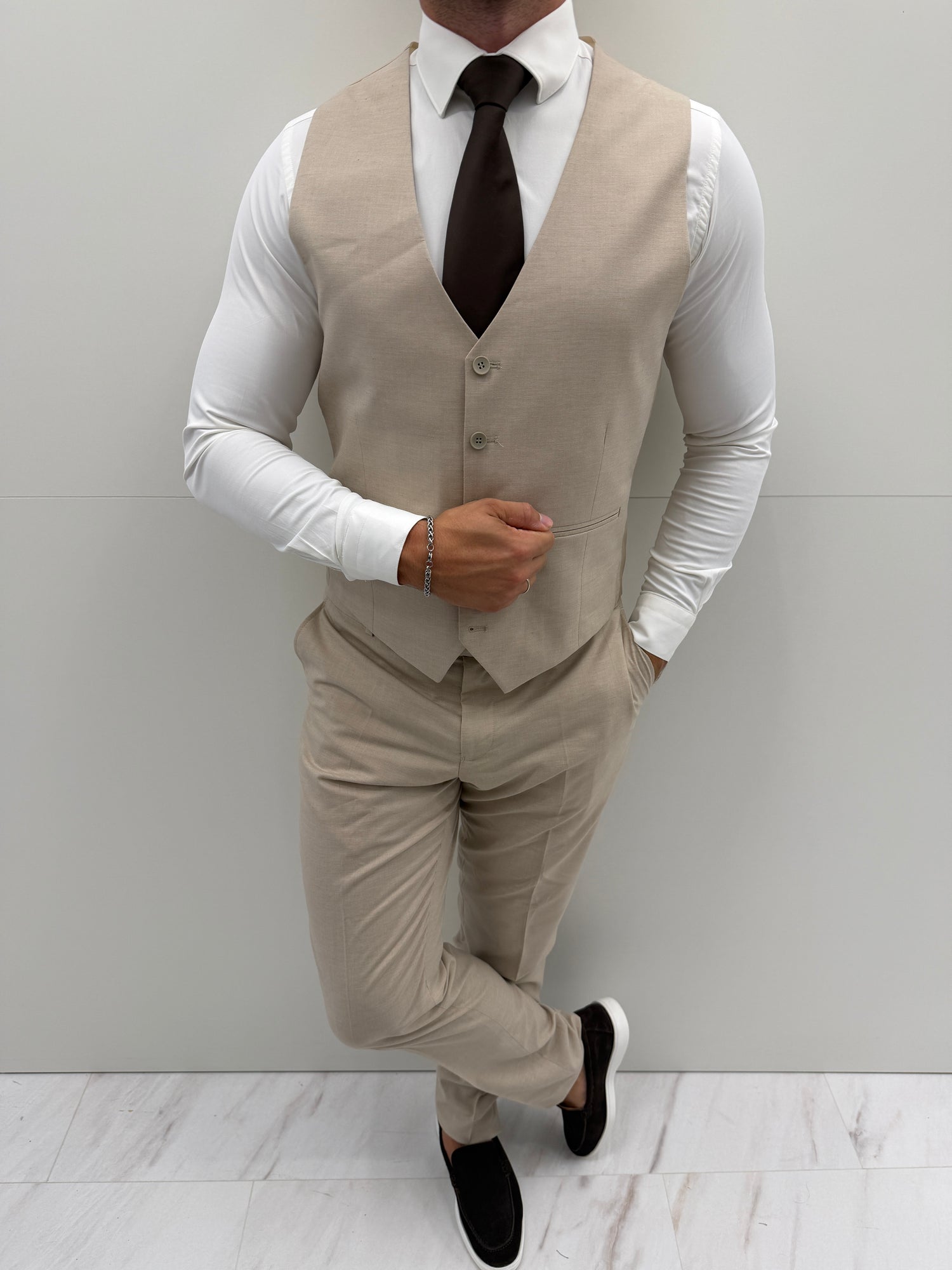 Almeria Beige Patroon Heren 3-delig Pak