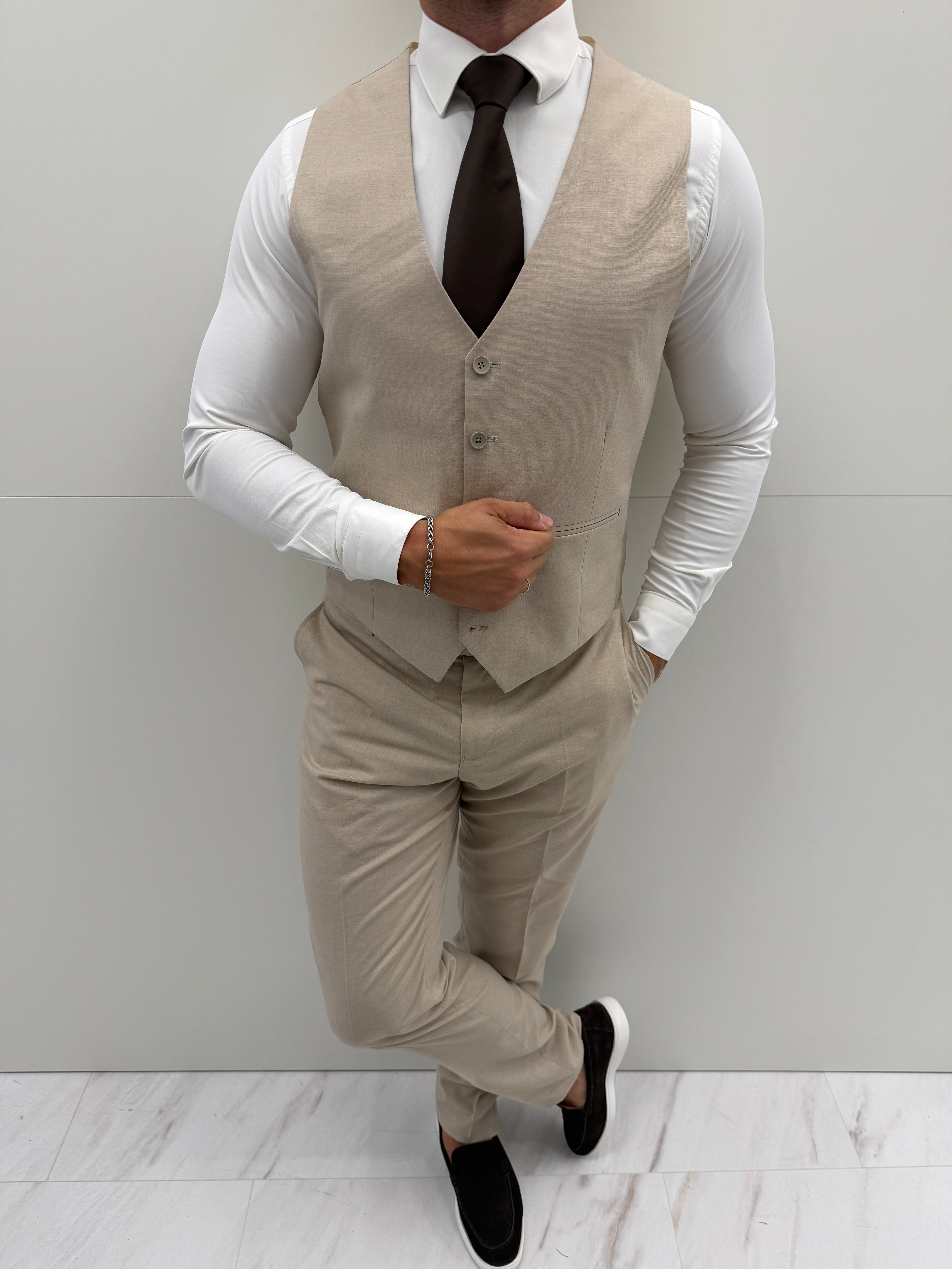 Almeria Beige Patroon Heren 3-delig Pak