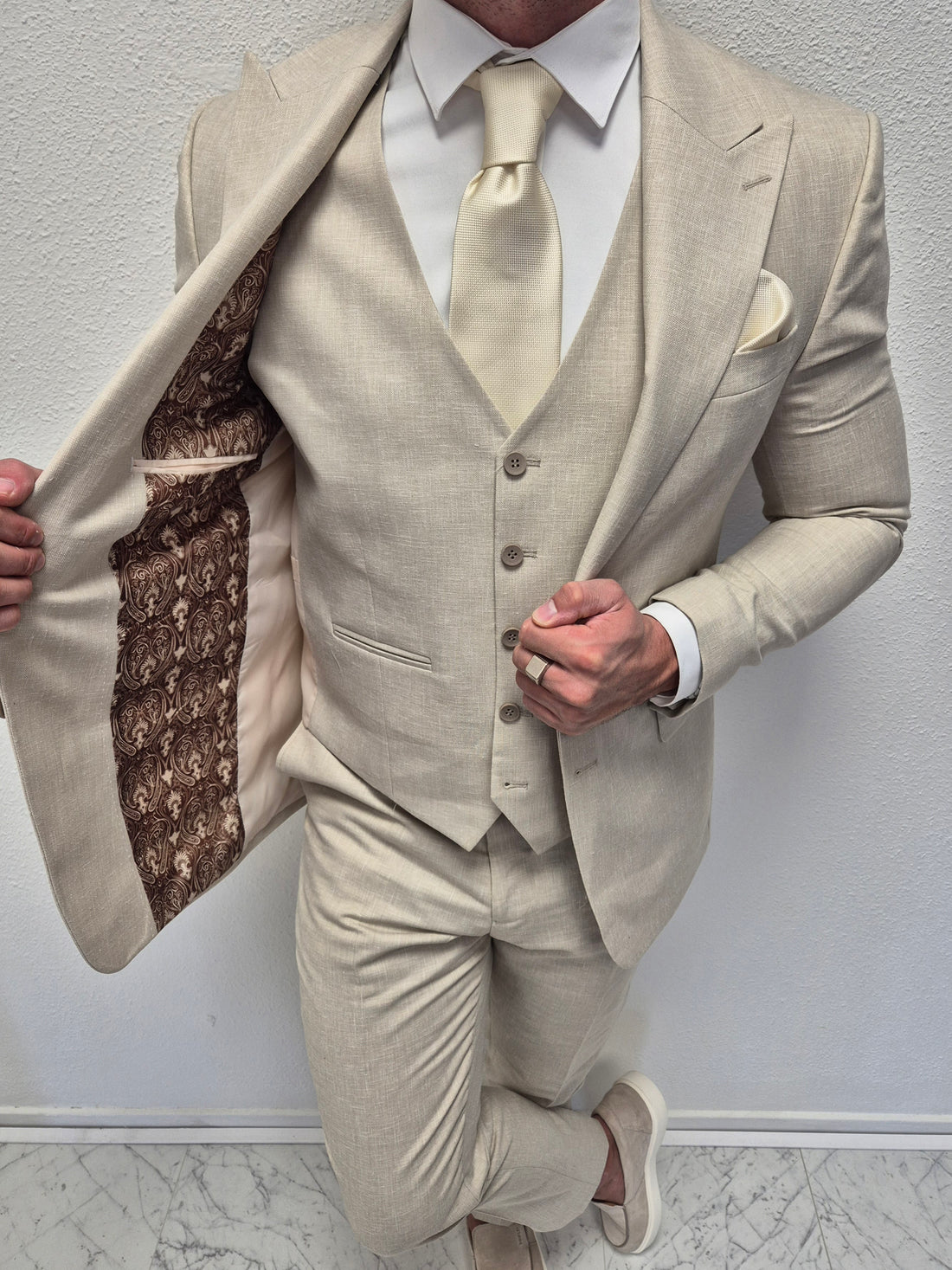 Amalfi Pastel Beige Heren 3-delig Pak Patroon