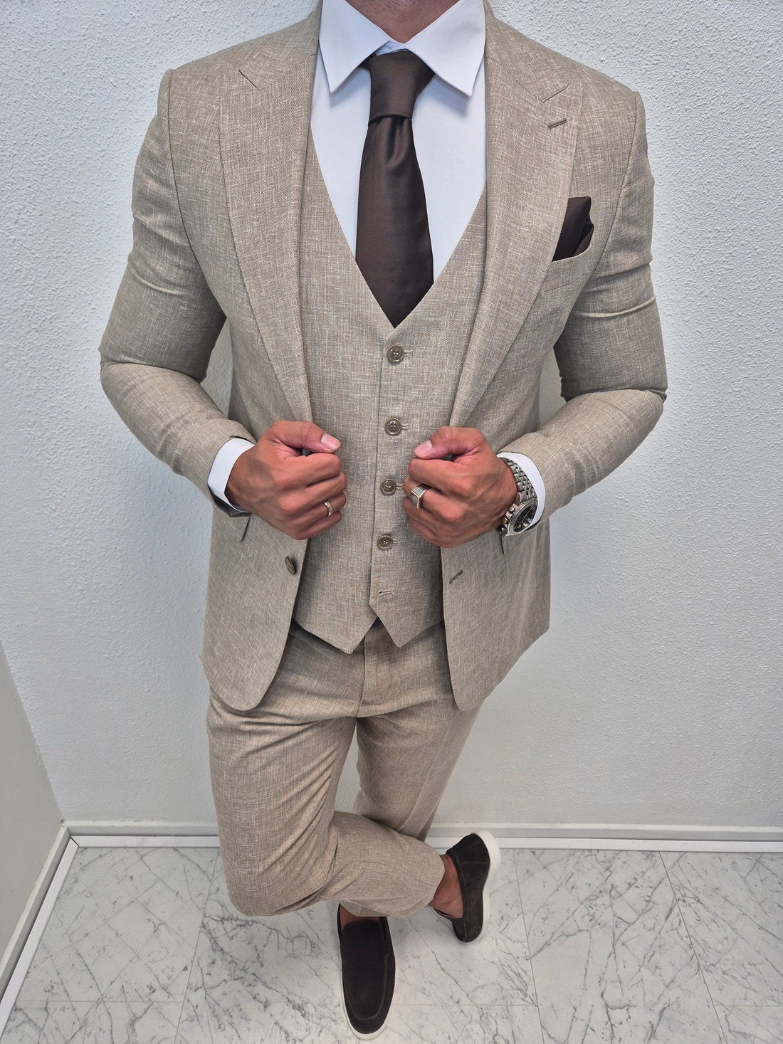 Amalfi Pastel Taupe Heren 3-delig Pak Patroon