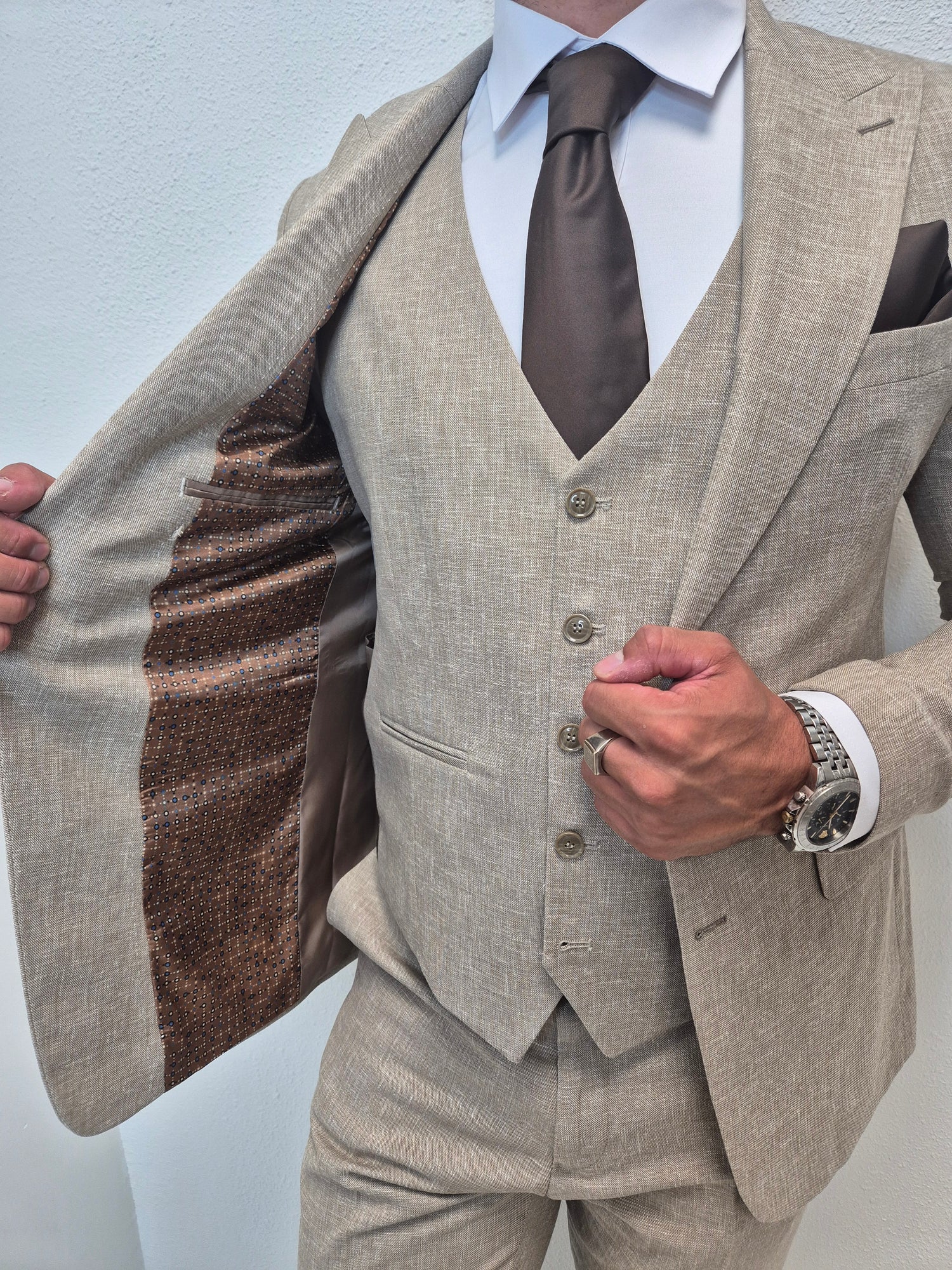 Amalfi Pastel Taupe Heren 3-delig Pak Patroon