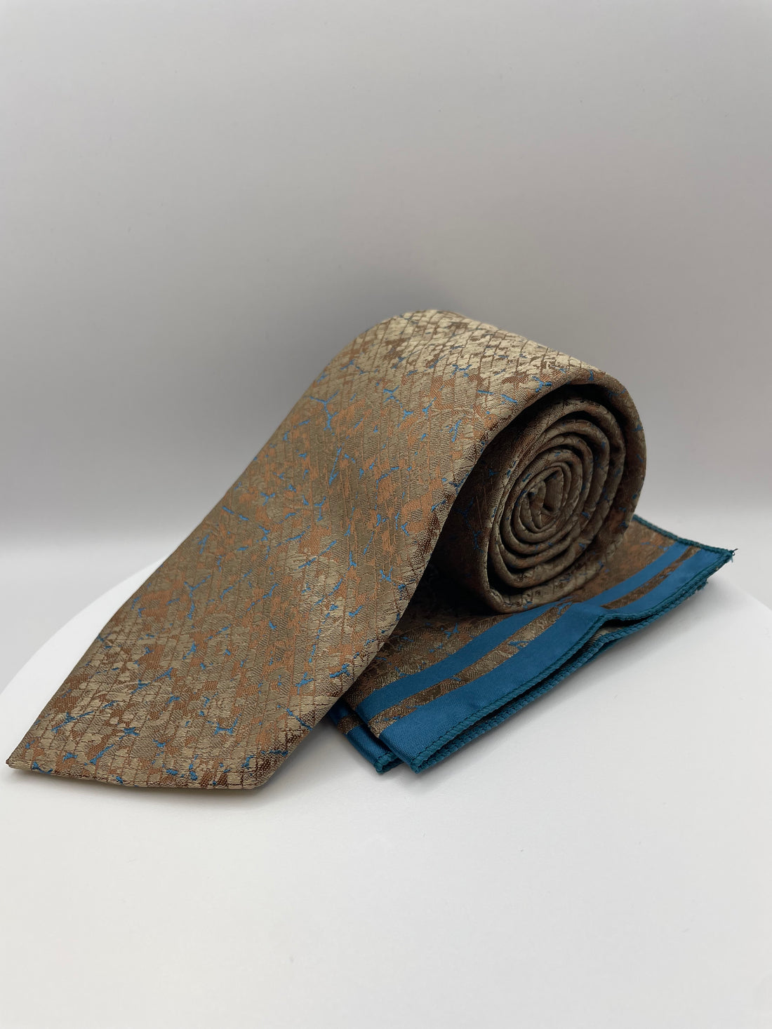 Goud Blauw Motief - Stropdas en Pochet - Model SP1076