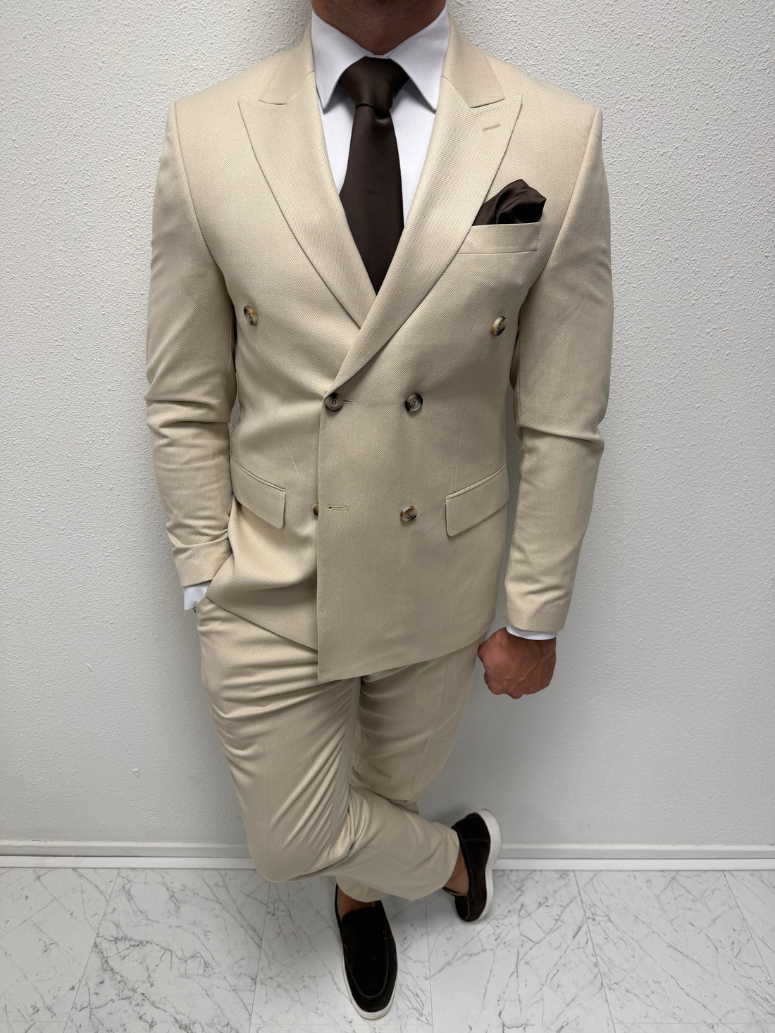 Malibu Double Breasted Beige Patroon Heren Pak