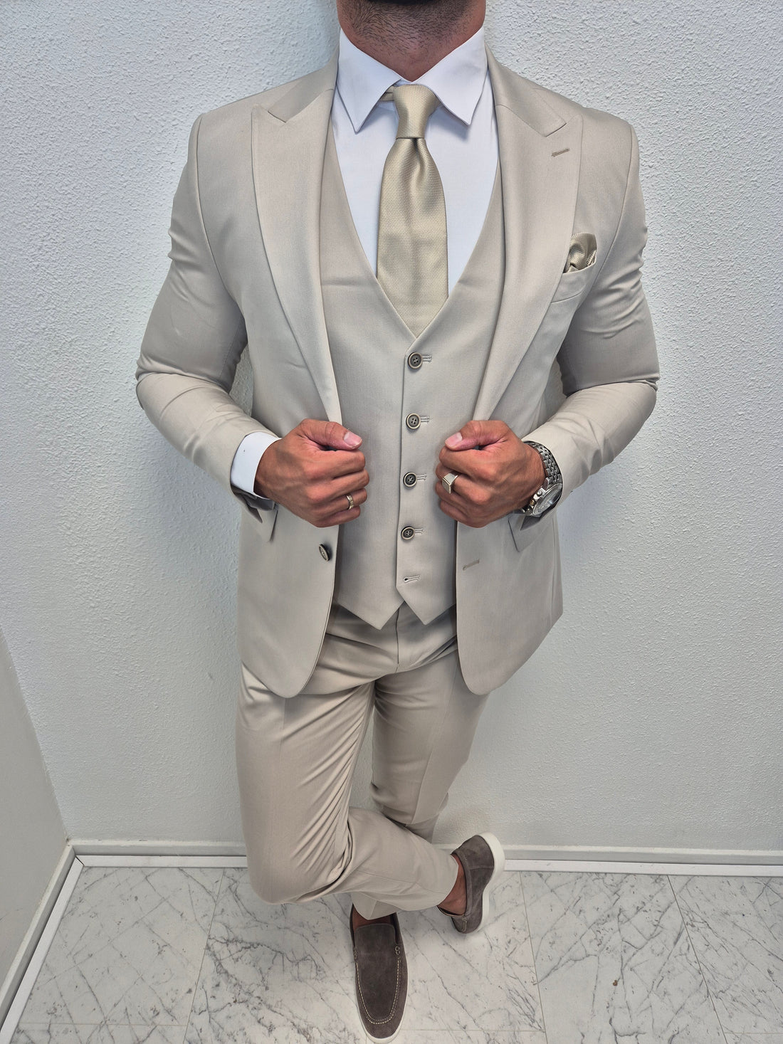 Casablanca Licht Grijs Beige Heren 3-delig Pak Klassiek