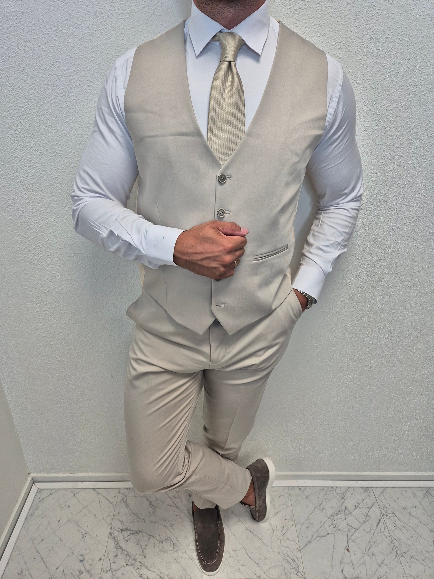 Casablanca Licht Grijs Beige Heren 3-delig Pak Klassiek