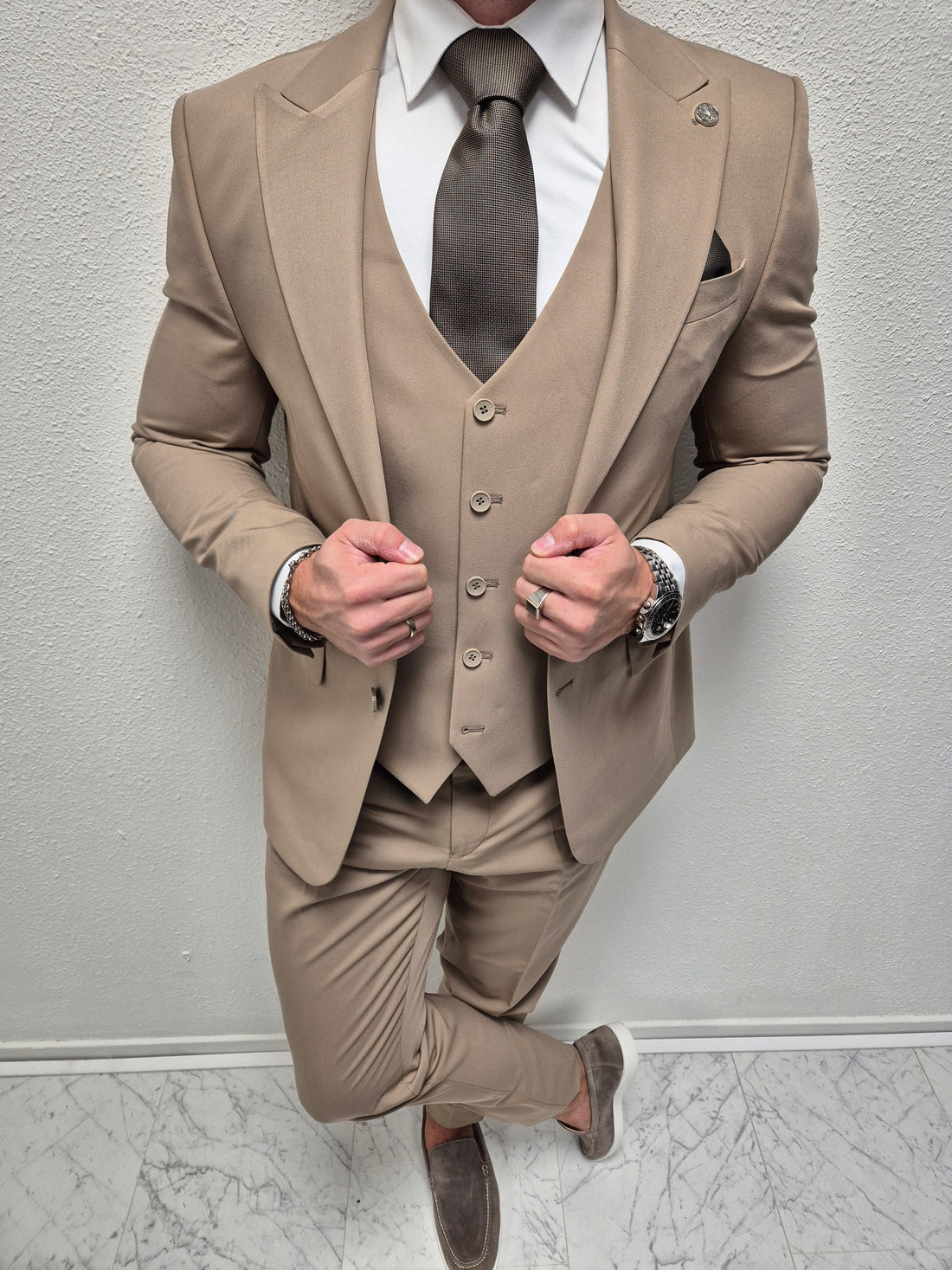 Cordoba Beige Taupe Heren 3-delig Pak Klassiek