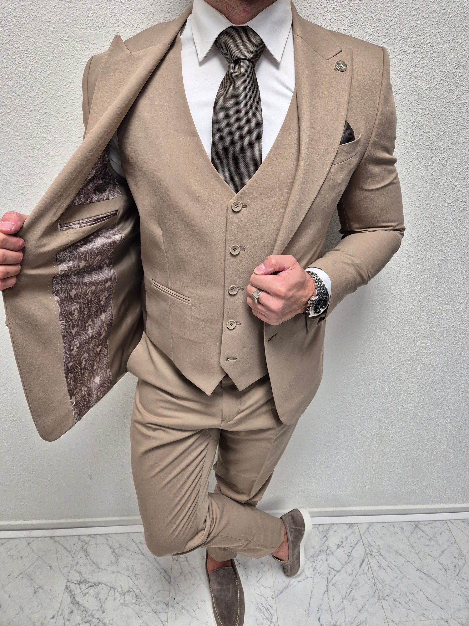 Cordoba Beige Taupe Heren 3-delig Pak Klassiek