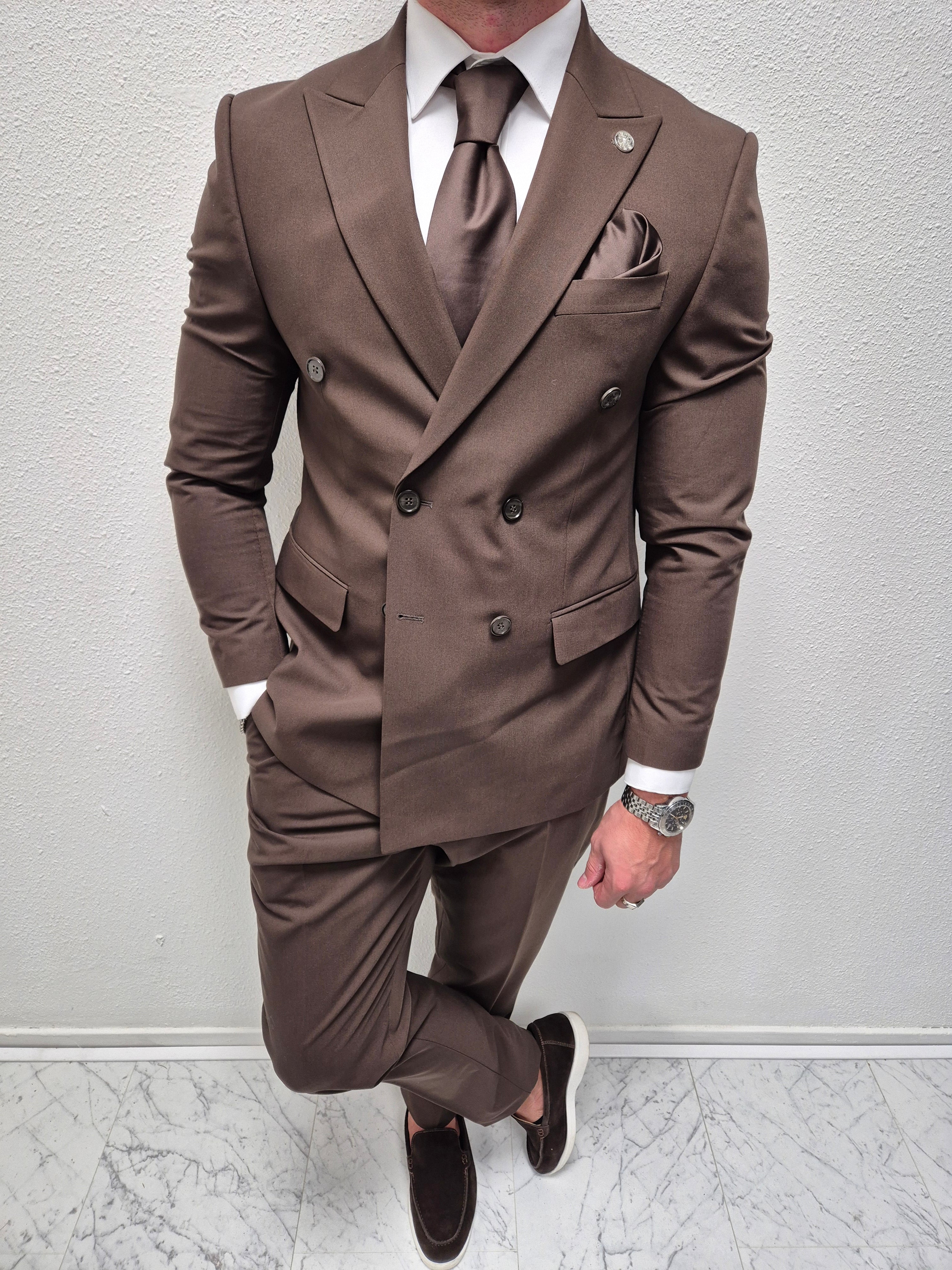 Cordoba Donker Bruin Double Breasted Heren 2-delig Pak Klassiek
