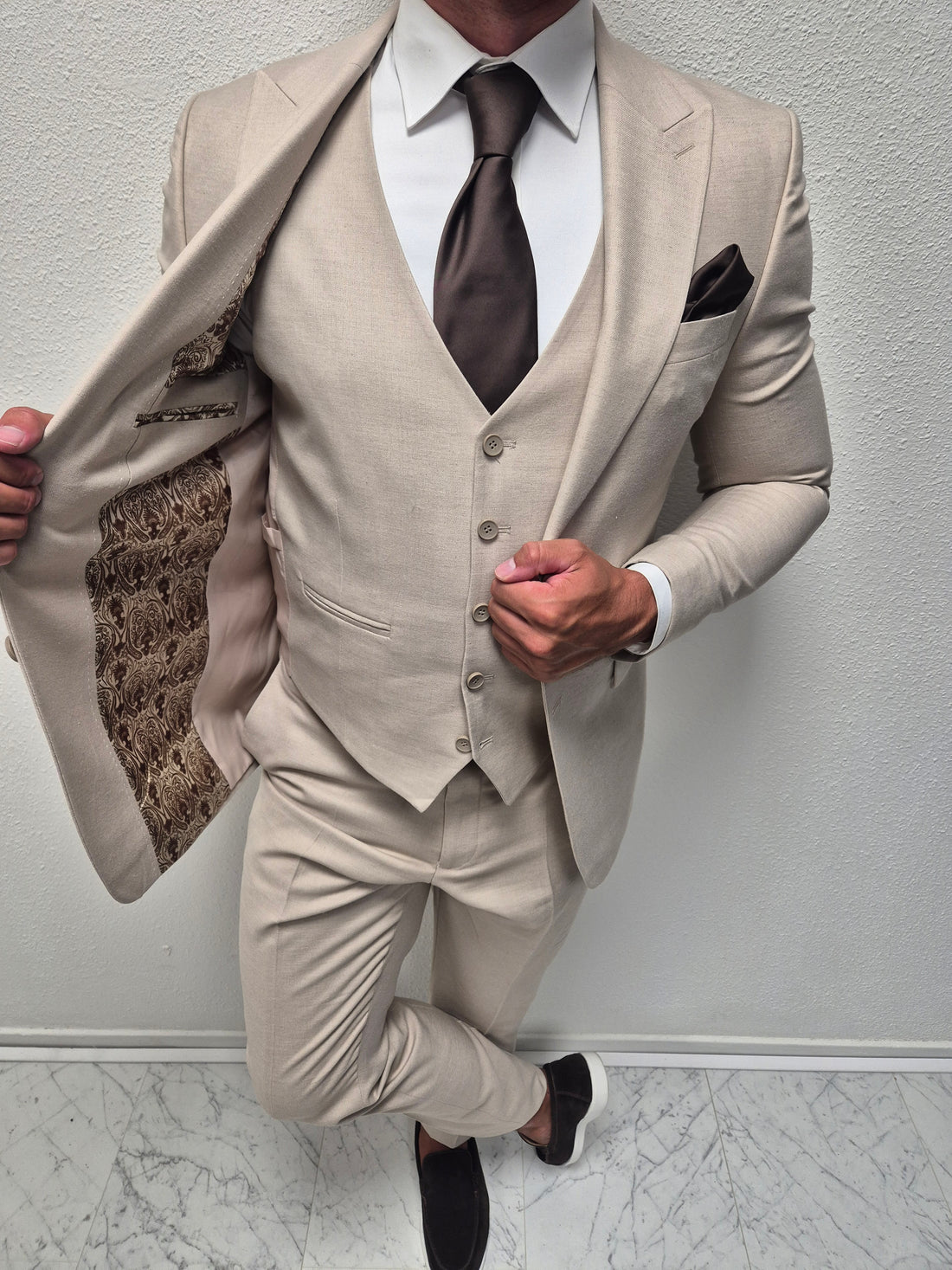 Corfu Beige Heren 3-delig Pak Patroon