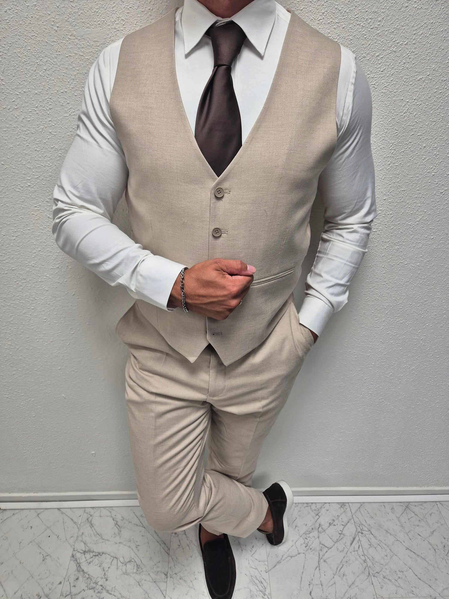 Corfu Beige Heren 3-delig Pak Patroon